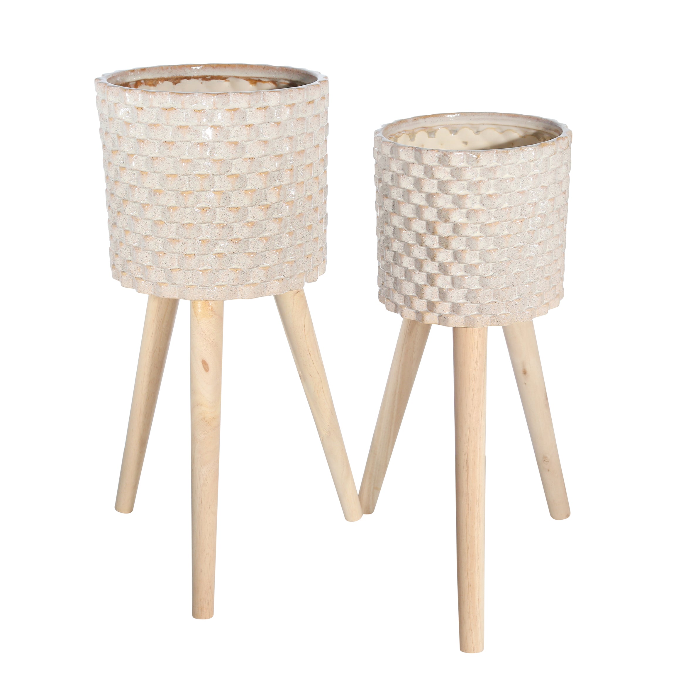 Textured Ceramic Planter with Tripod Legs, Set of 2, Cream and Brown--1