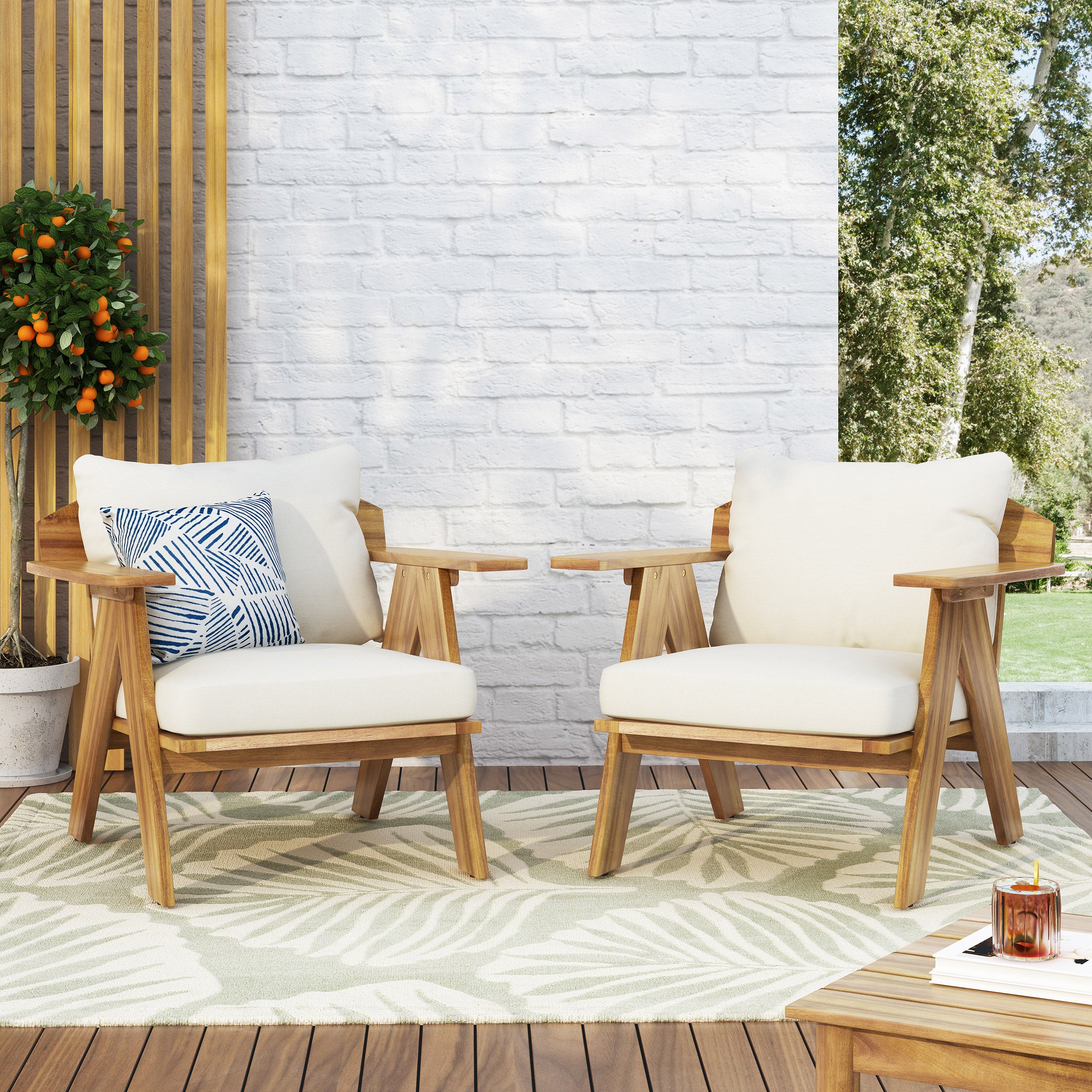 Outdoor Acacia Wood Club Chairs with Cushions (Set of 2), Teak Finish+ Beige, 30.75" W x 30.25" D x 26.00" H--1