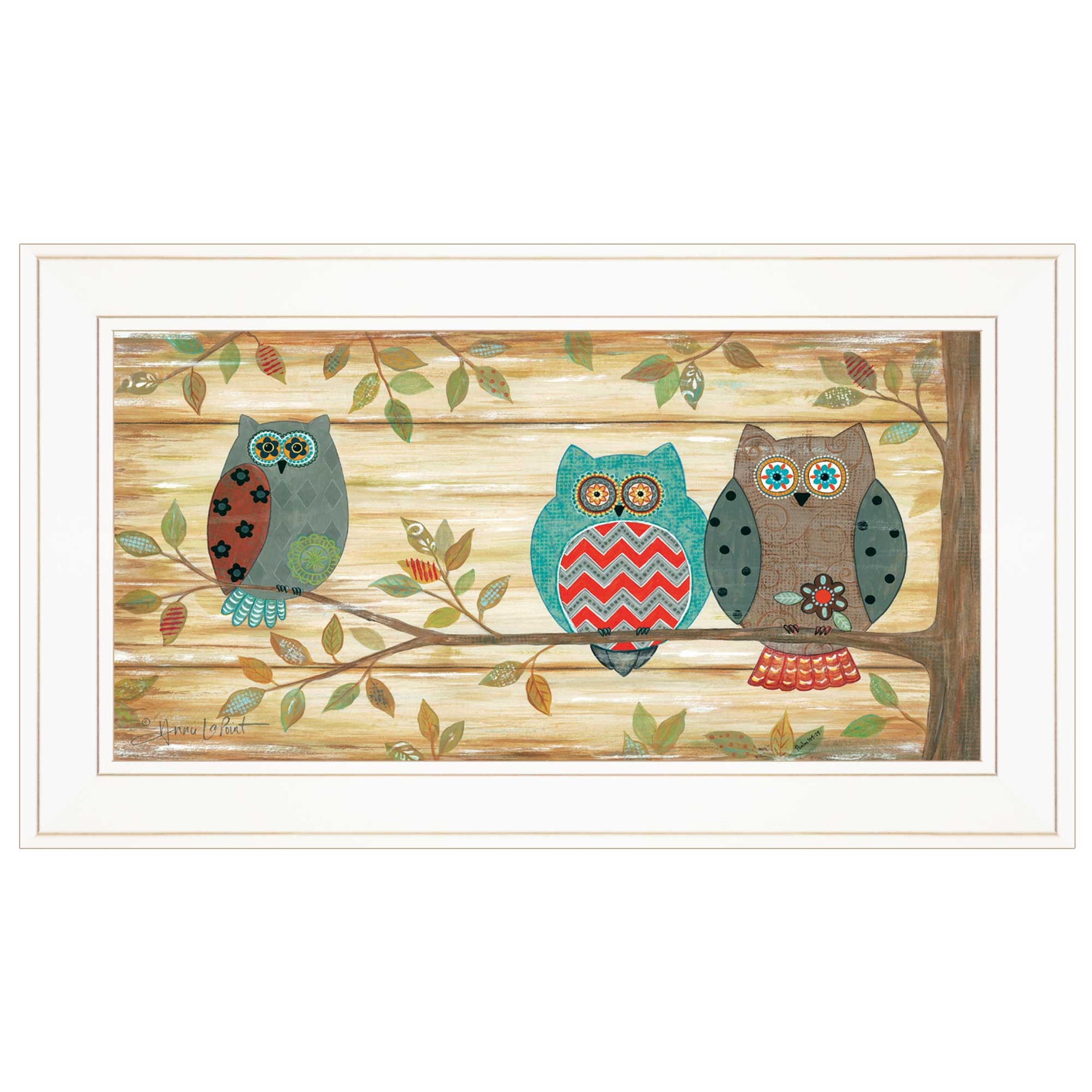 "Three Wise Owls" By Annie LaPoint, Ready to Hang Framed Print, White Frame--1