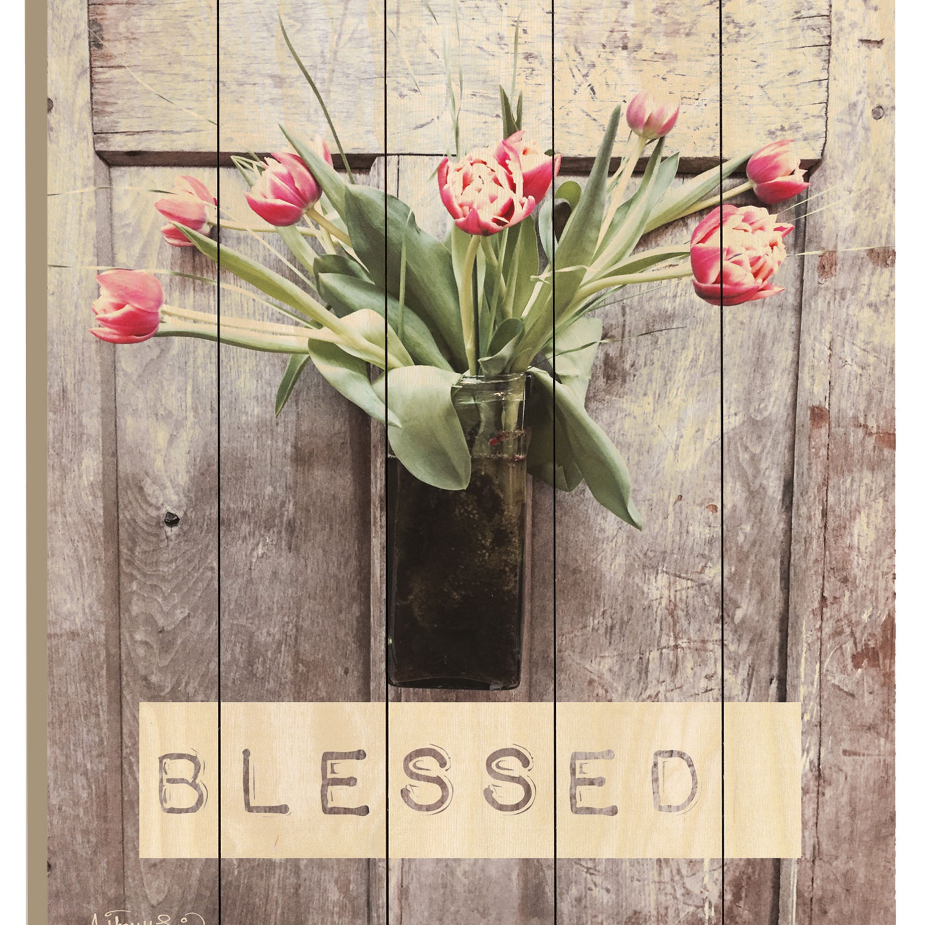 "Blessed Tulips" By Artisan Anthony Smith, Printed on Wooden Picket Fence Wall Art--1