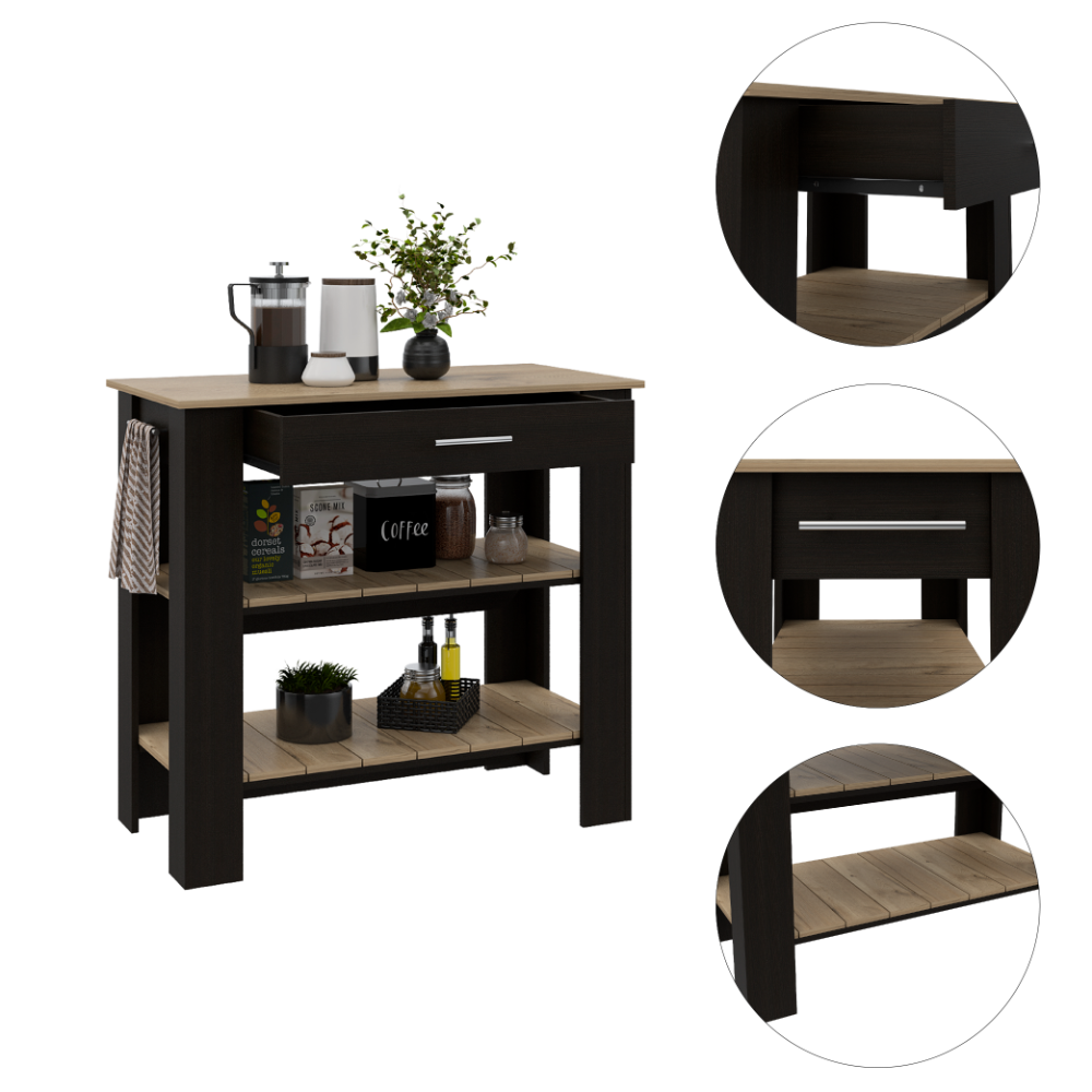 Cala Kitchen Island 40, Two Shelves, One Drawer, Four Legs  -Black / Light Oak--2