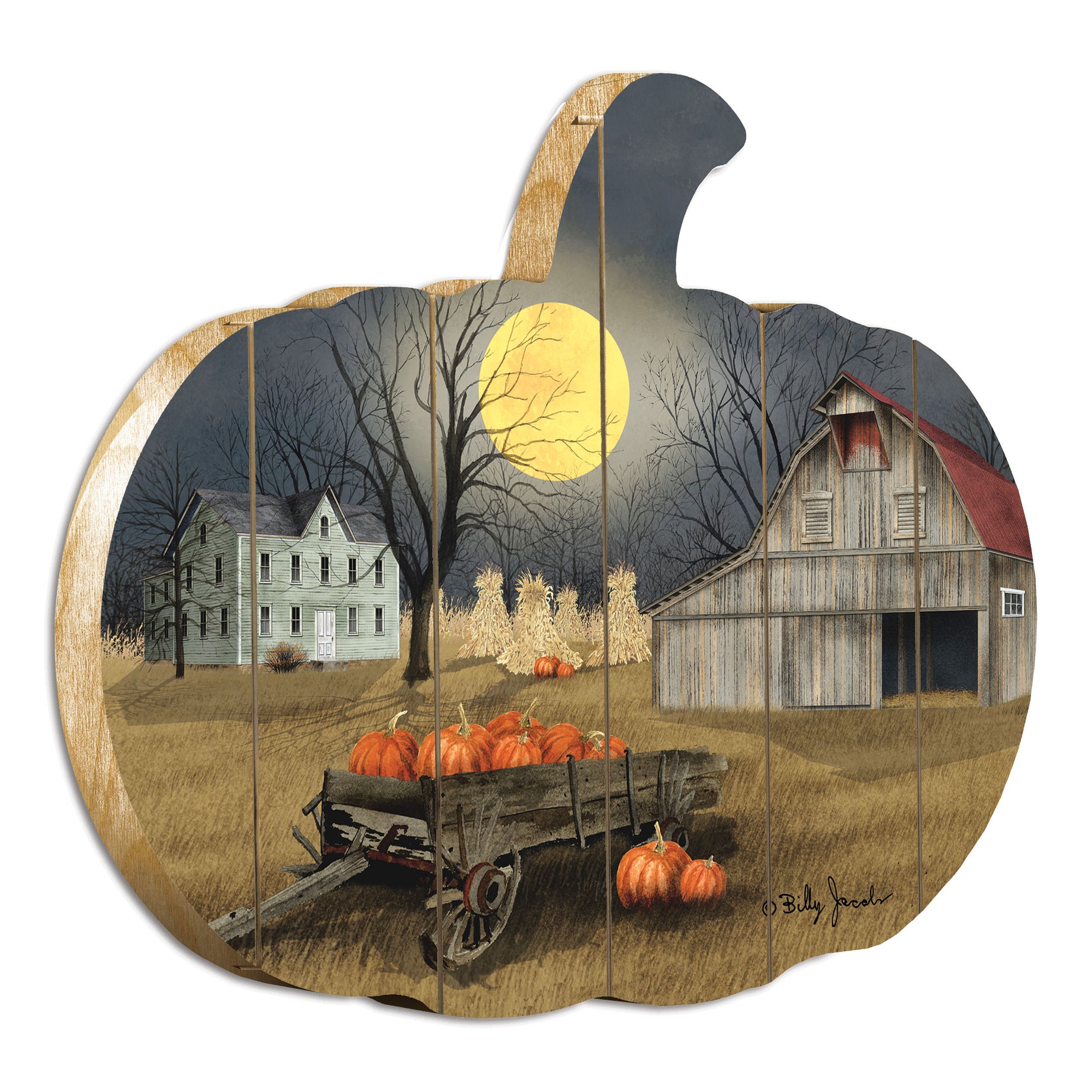 "Harvest Moon" By Artisan Billy Jacobs Printed on Wooden Pumpkin Wall Art--1