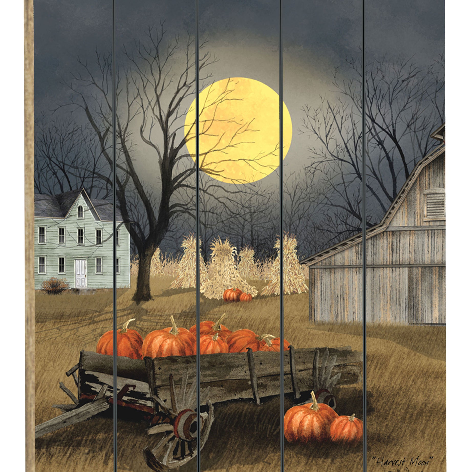 "Harvest Moon" By Artisan Billy Jacobs, Printed on Wooden Picket Fence Wall Art--1