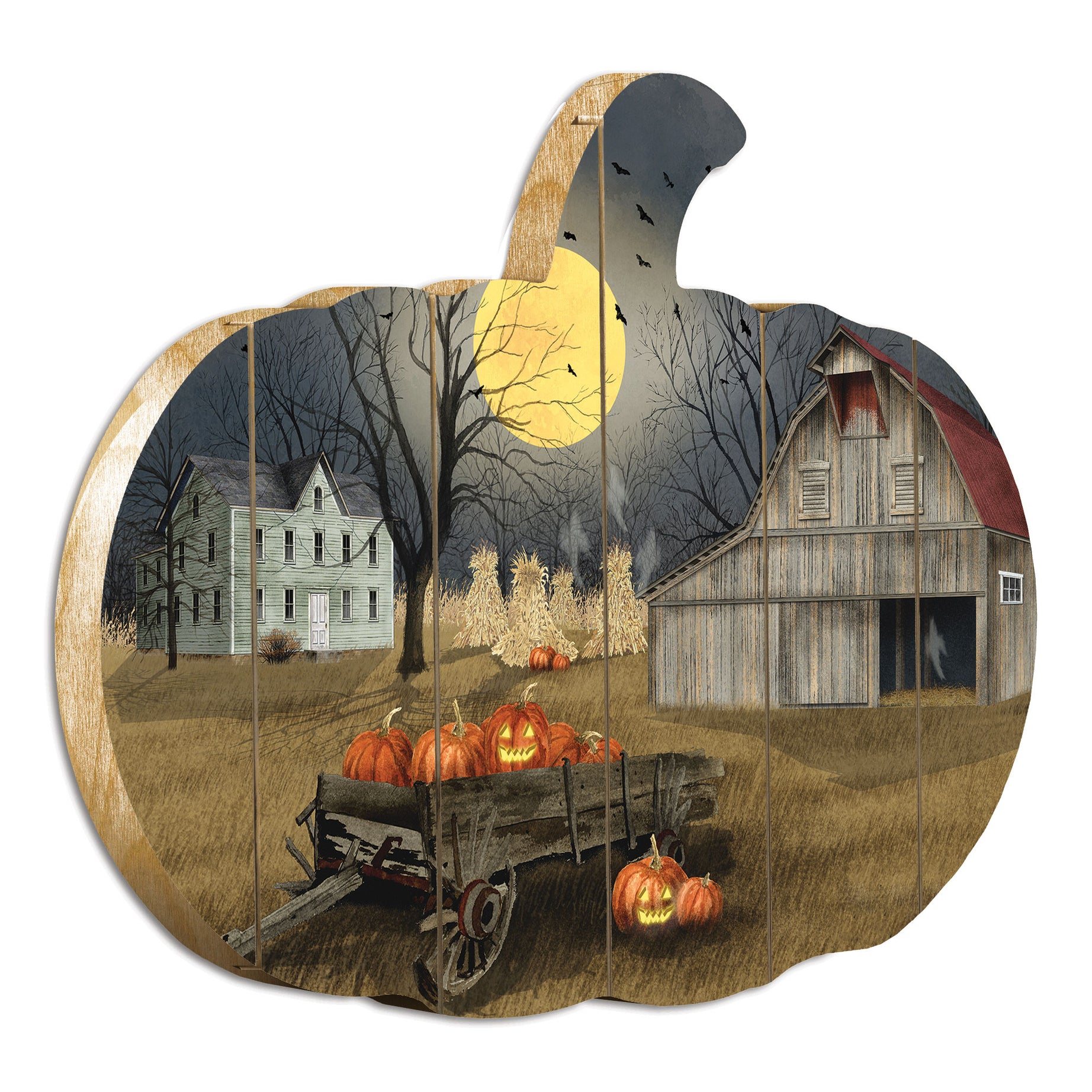 "Spooky Harvest Moon" By Artisan Billy Jacobs Printed on Wooden Pumpkin Wall Art--1