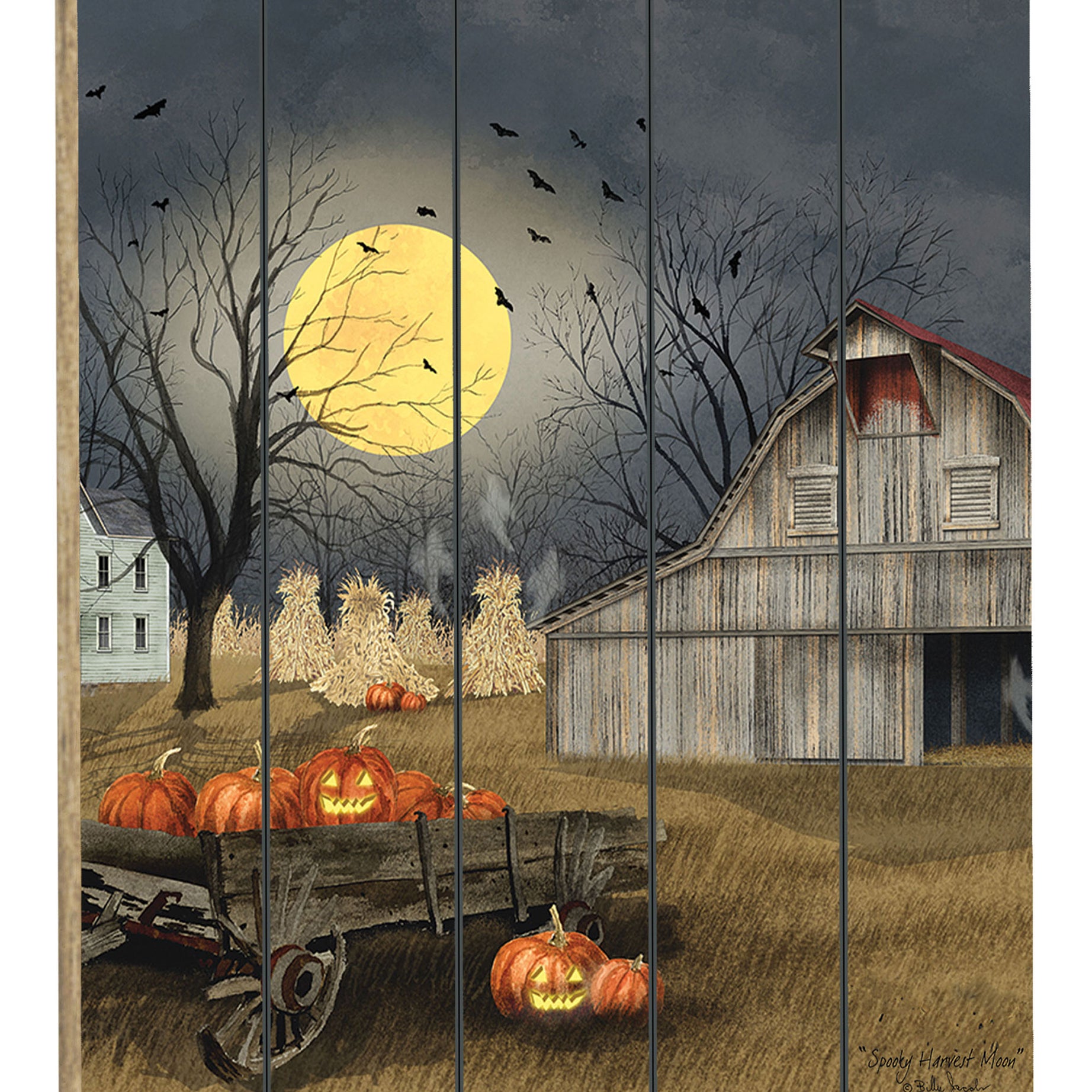 "Spooky Harvest Moon" By Artisan Billy Jacobs, Printed on Wooden Picket Fence Wall Art--1