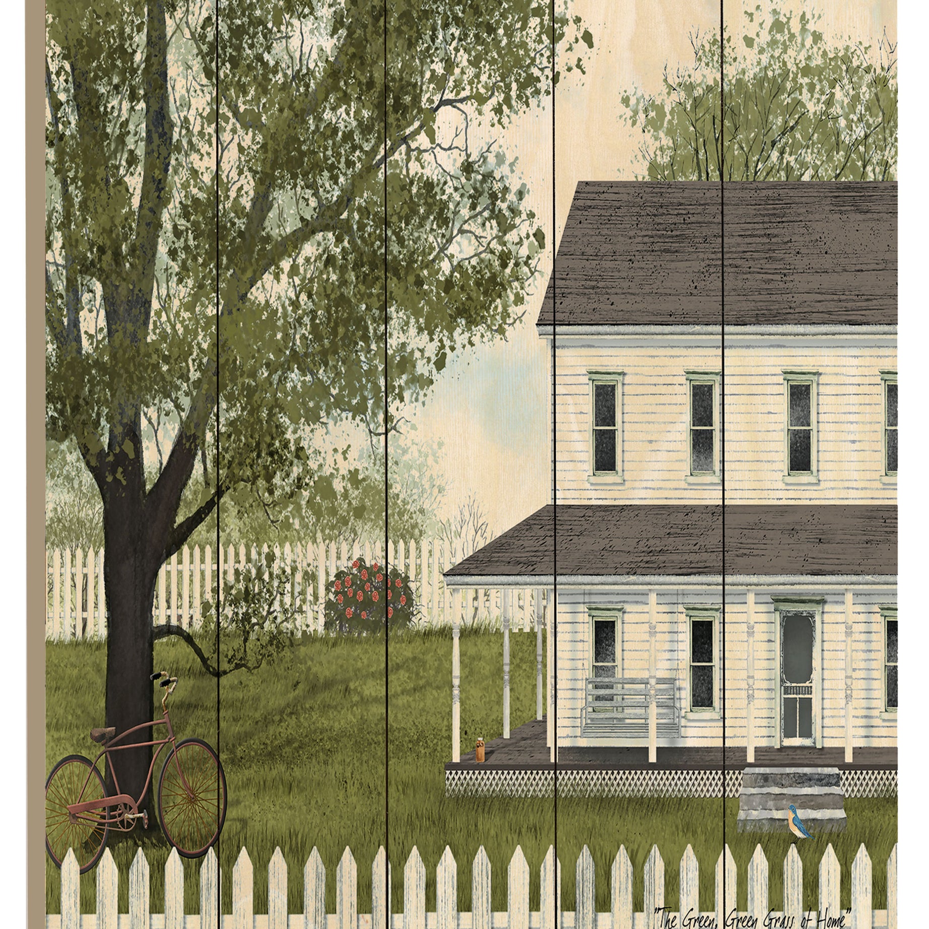 "Green Green Grass of Home" By Artisan Billy Jacobs, Printed on Wooden Picket Fence Wall Art--1