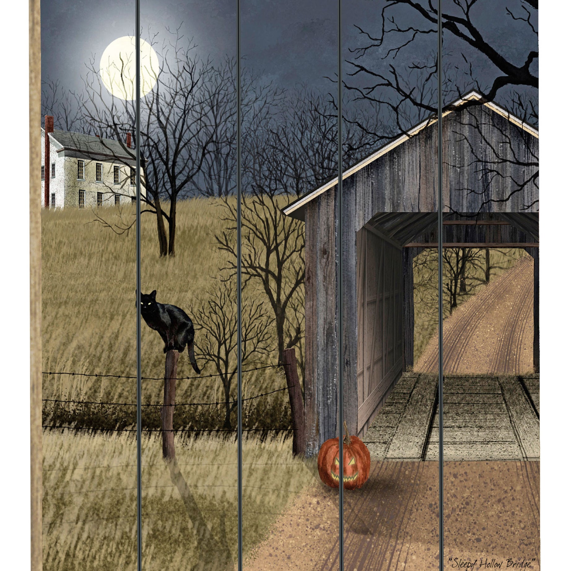 "Sleepy Hollow Bridge" By Artisan Billy Jacobs, Printed on Wooden Picket Fence Wall Art--1