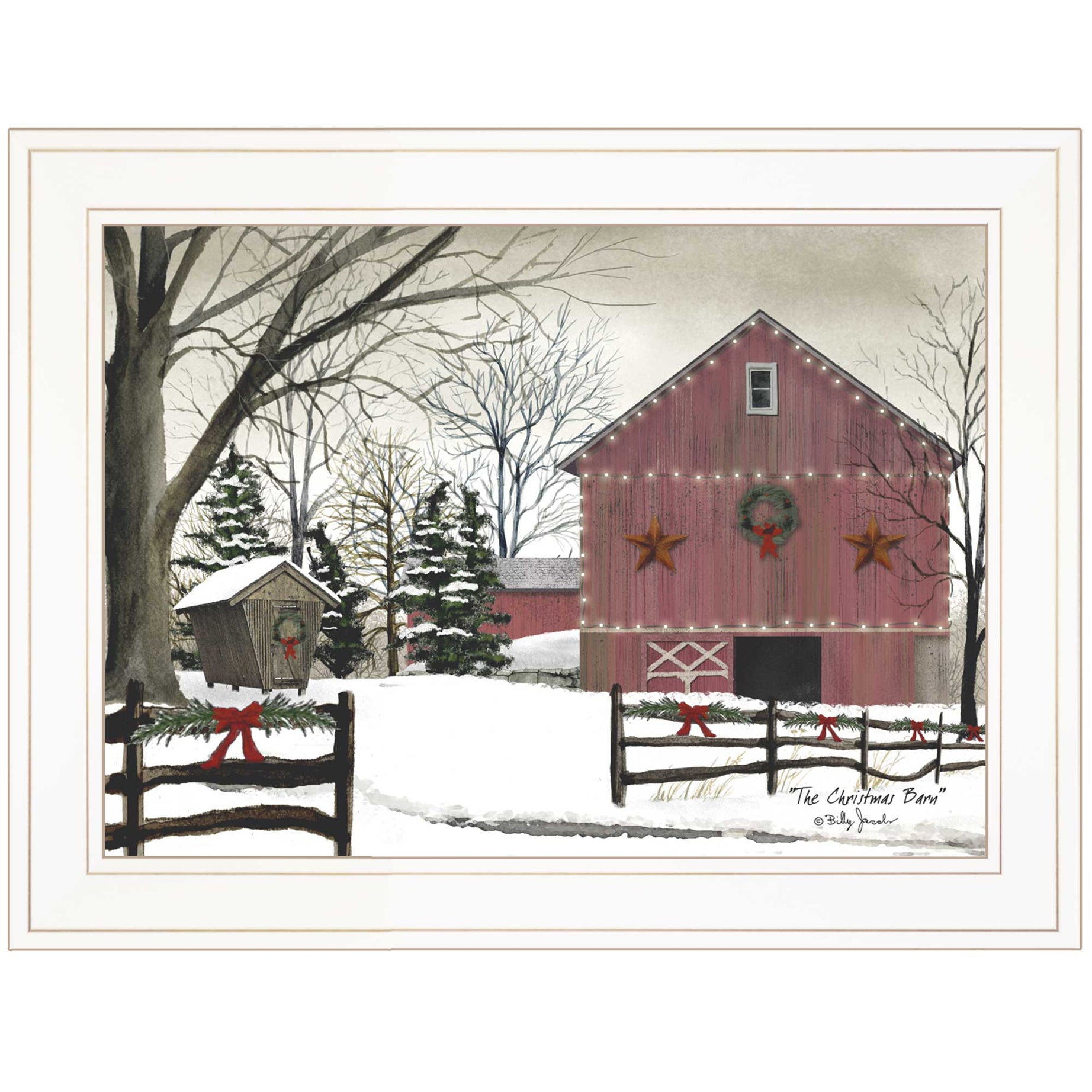 "Christmas Barn" by Billy Jacobs Ready to Hang Holiday Framed Print, White Frame--1