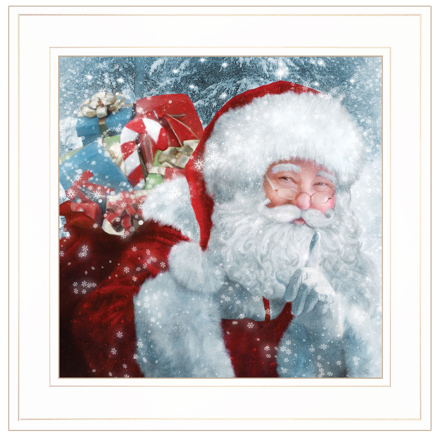 "Santa with Presents" by Bluebird Barn Ready to Hang Holiday Framed Print, White Frame--1