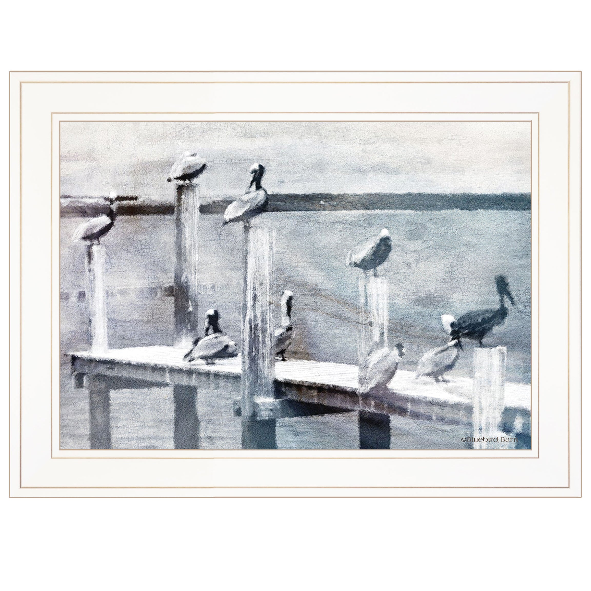 "Birds on a Pier" By Bluebird Barn, Ready to Hang Framed Print, White Frame--1