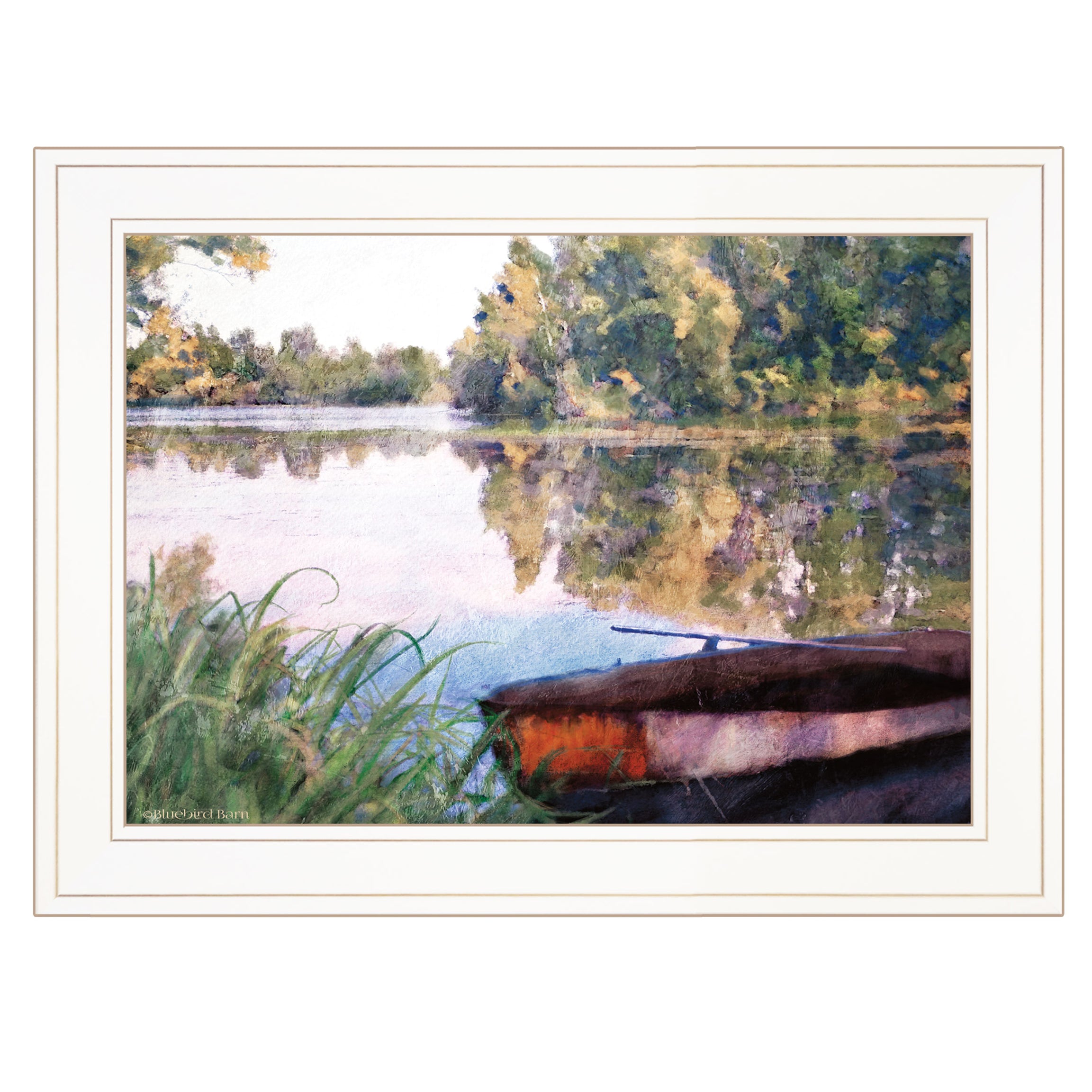 "Rowboat Pond Landscape" by Bluebird Barn, Ready to Hang Framed Print, White Frame--1