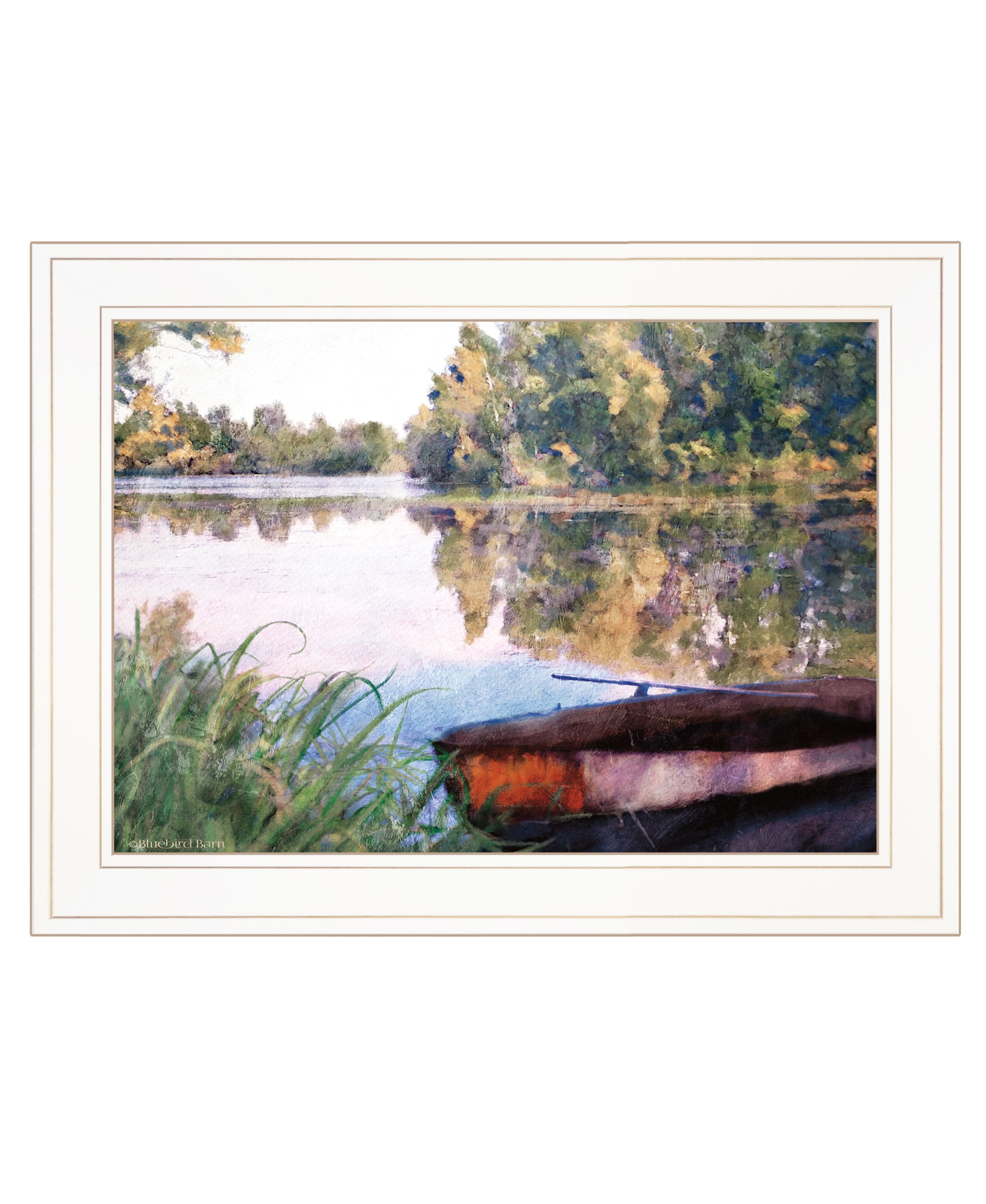 "Rowboat Pond Landscape" by Bluebird Barn, Ready to Hang Framed Print, White Frame--1