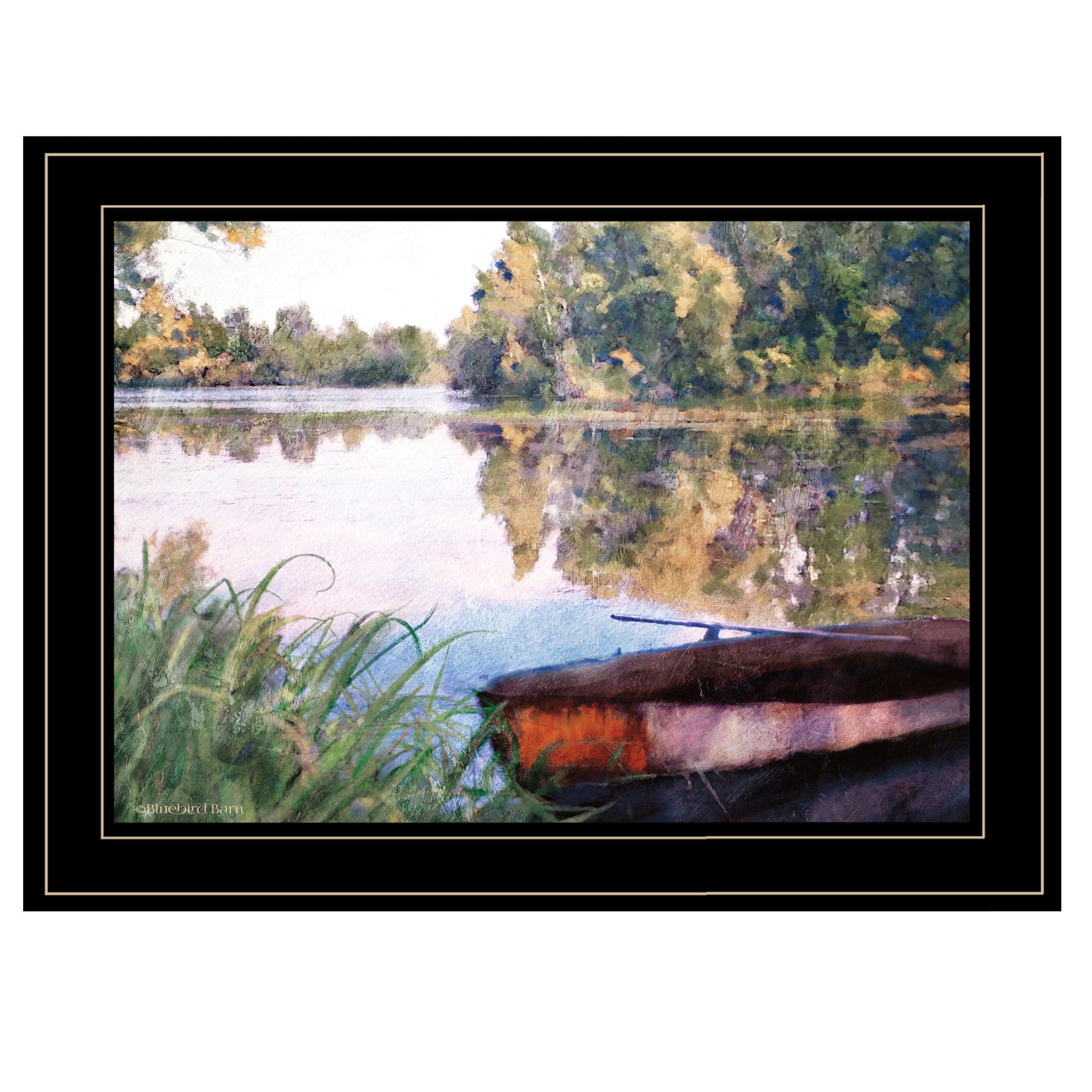 "Rowboat Pond Landscape" by Bluebird Barn, Ready to Hang Framed Print, Black Frame--1