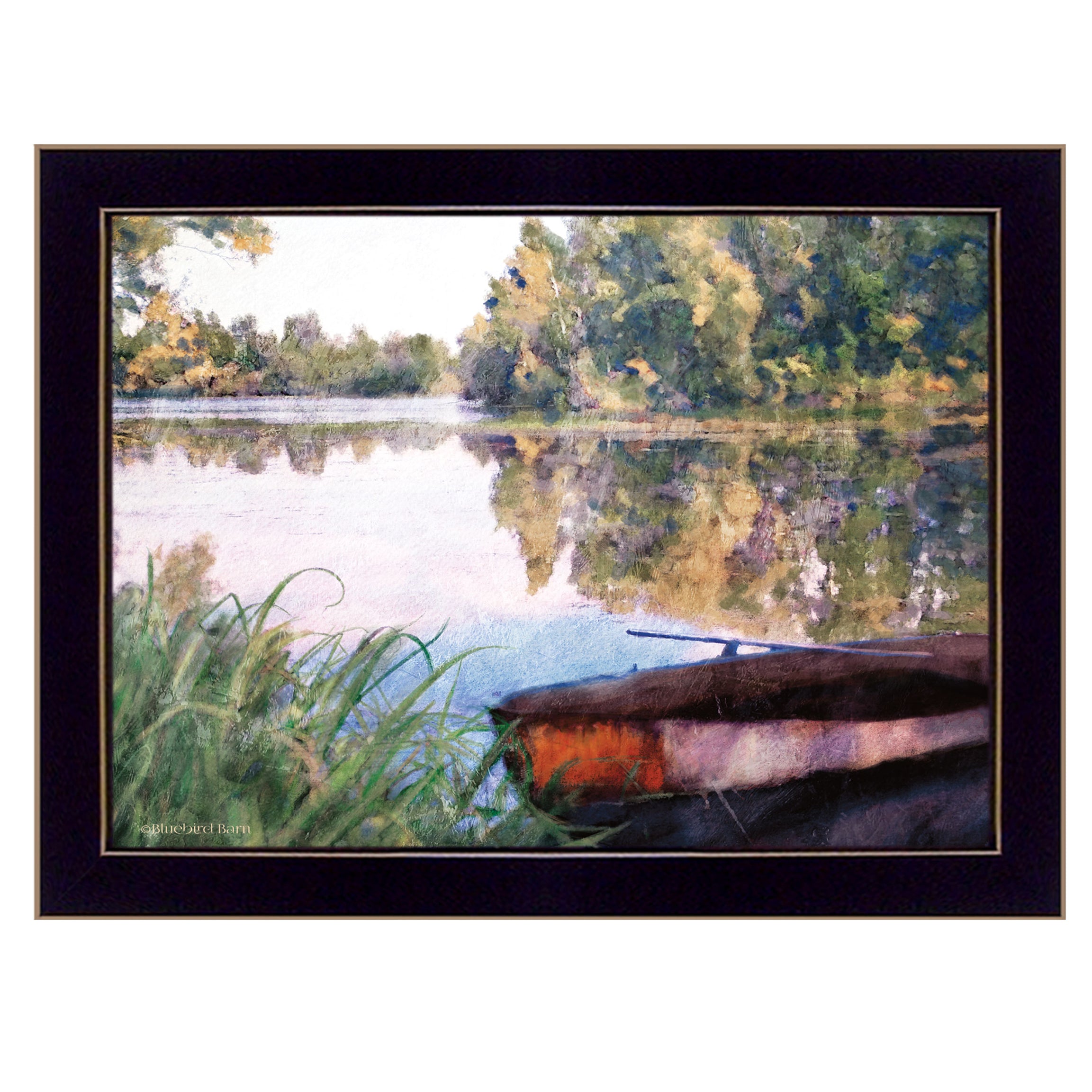 "Rowboat Pond Landscape" by Bluebird Barn, Ready to Hang Framed Print, Black Frame--1