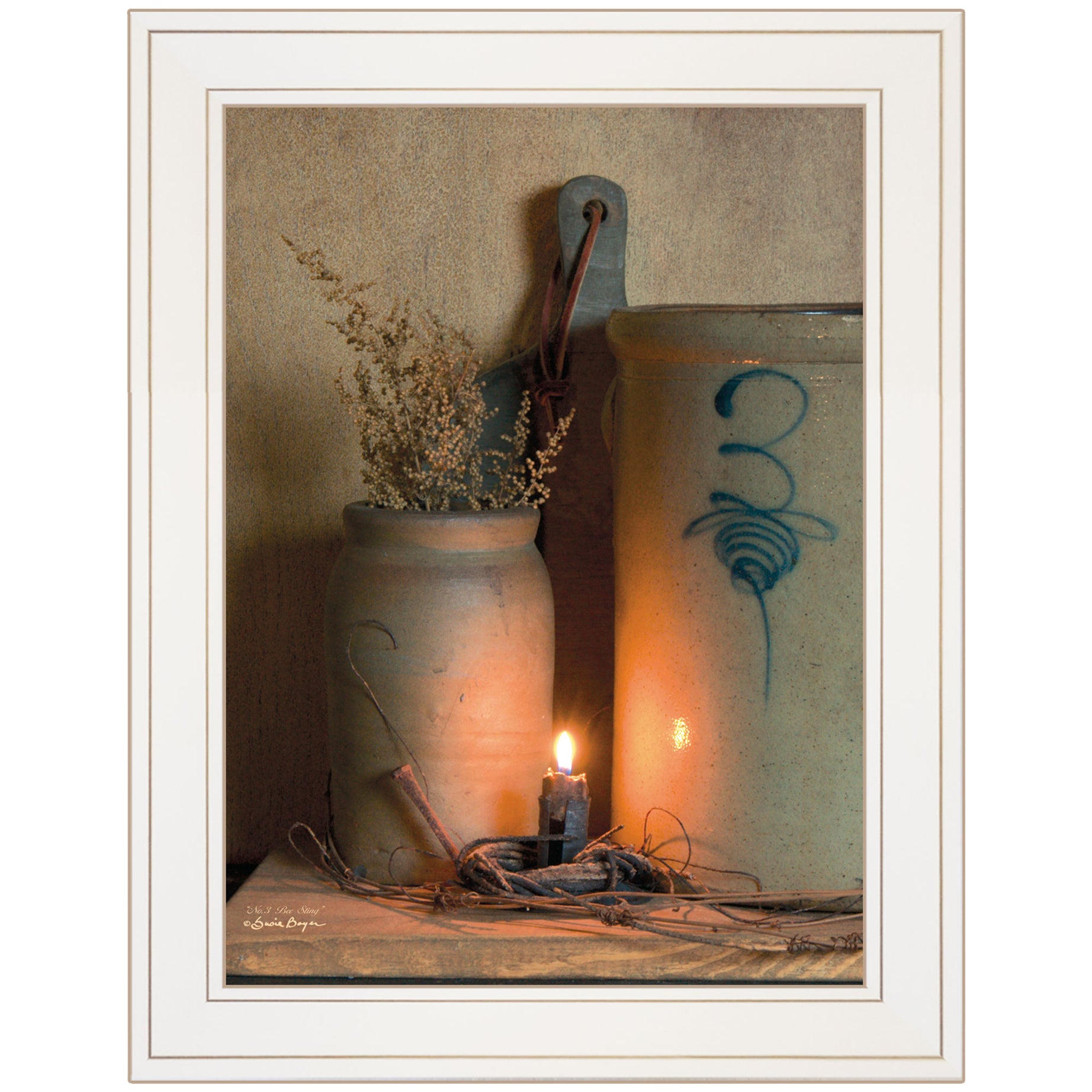 "No. 3 Bee Sting" on a crock by Susan Boyer, Ready to Hang Framed Print, White Frame--1