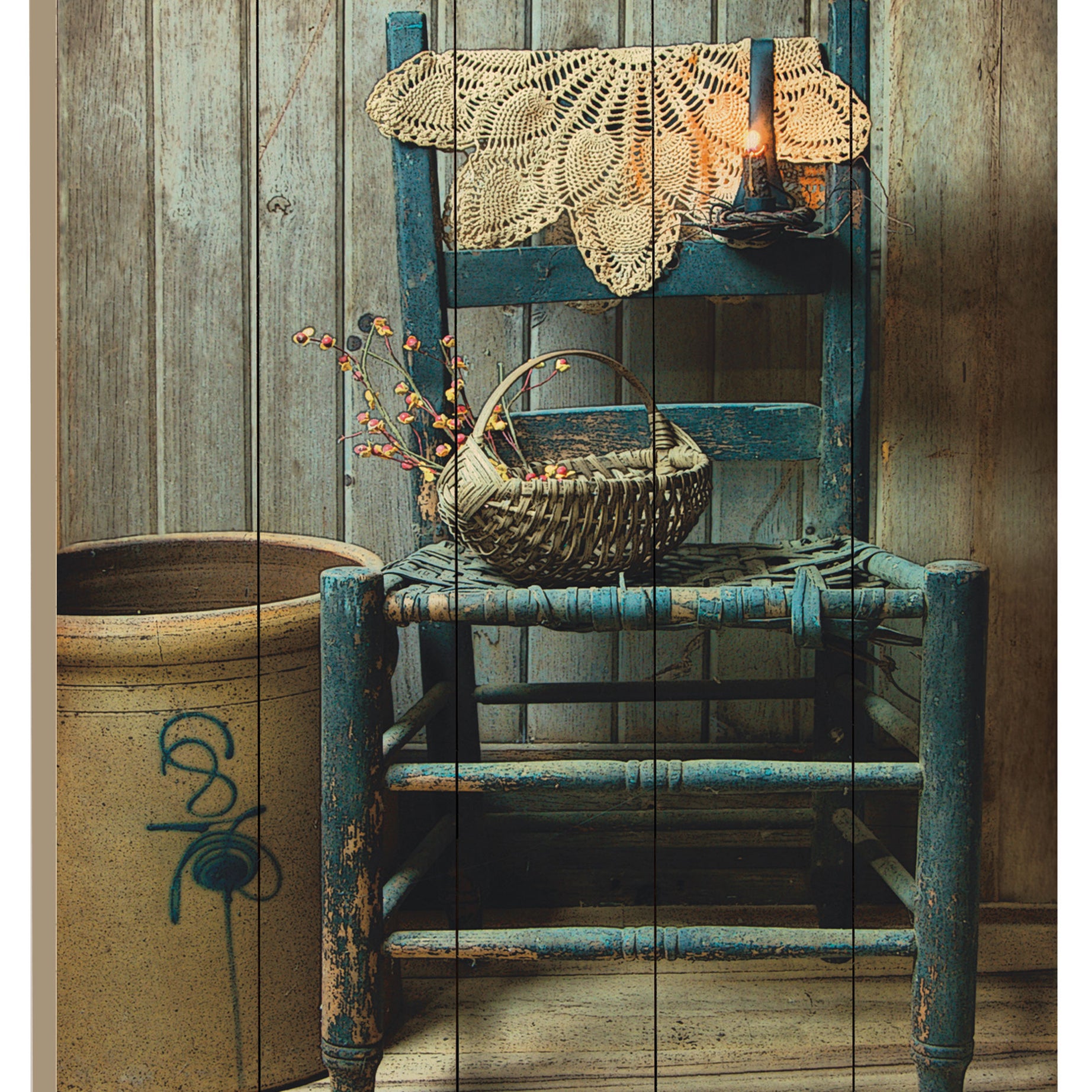 "This Old Chair" By Artisan Susie Boyer, Printed on Wooden Picket Fence Wall Art--1