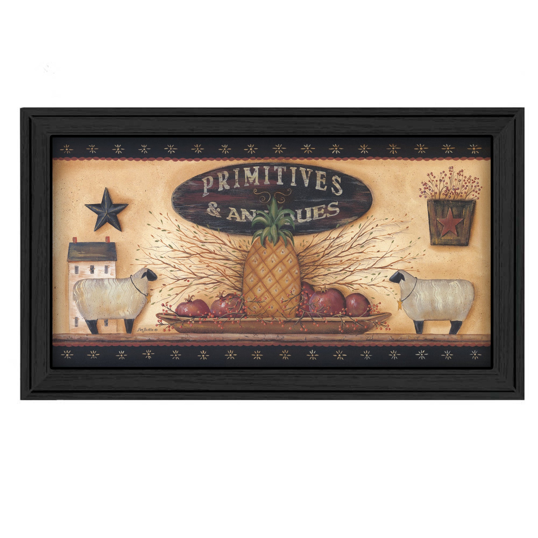 "Primitive and Antiques Shelves" By Pam Britton, Printed Wall Art, Ready To Hang Framed Poster, Black Frame--1