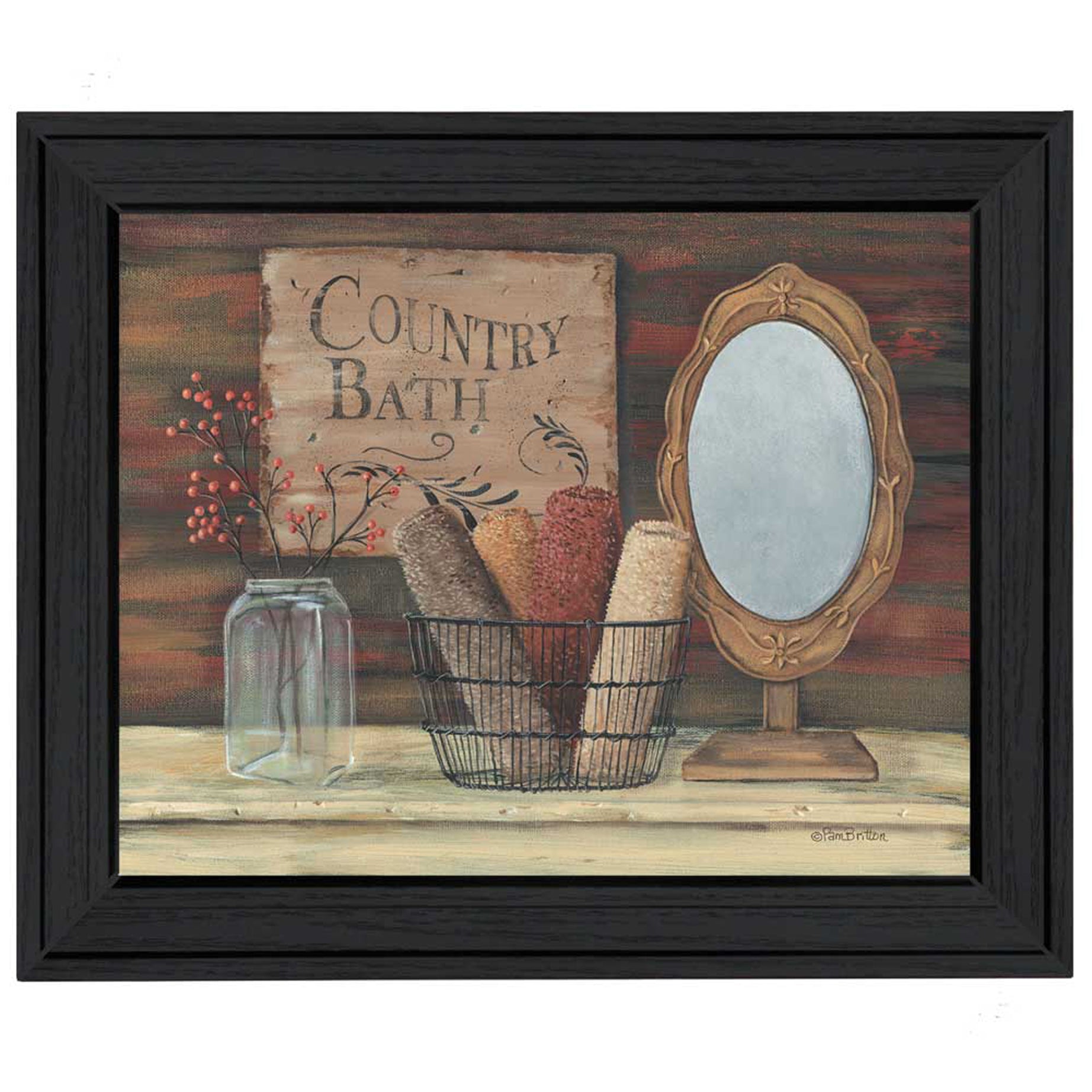 "Country Bath" By Pam Britton, Printed Wall Art, Ready To Hang Framed Poster, Black Frame--1