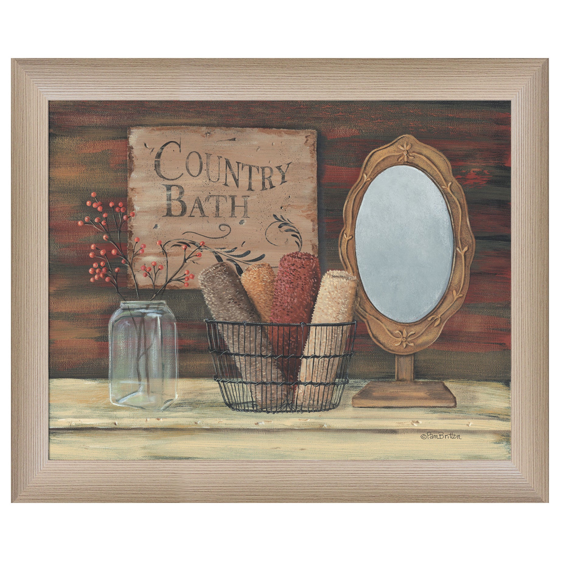 "Country Bath" by Pam Britton, Ready to Hang Framed print, Taupe Frame--1