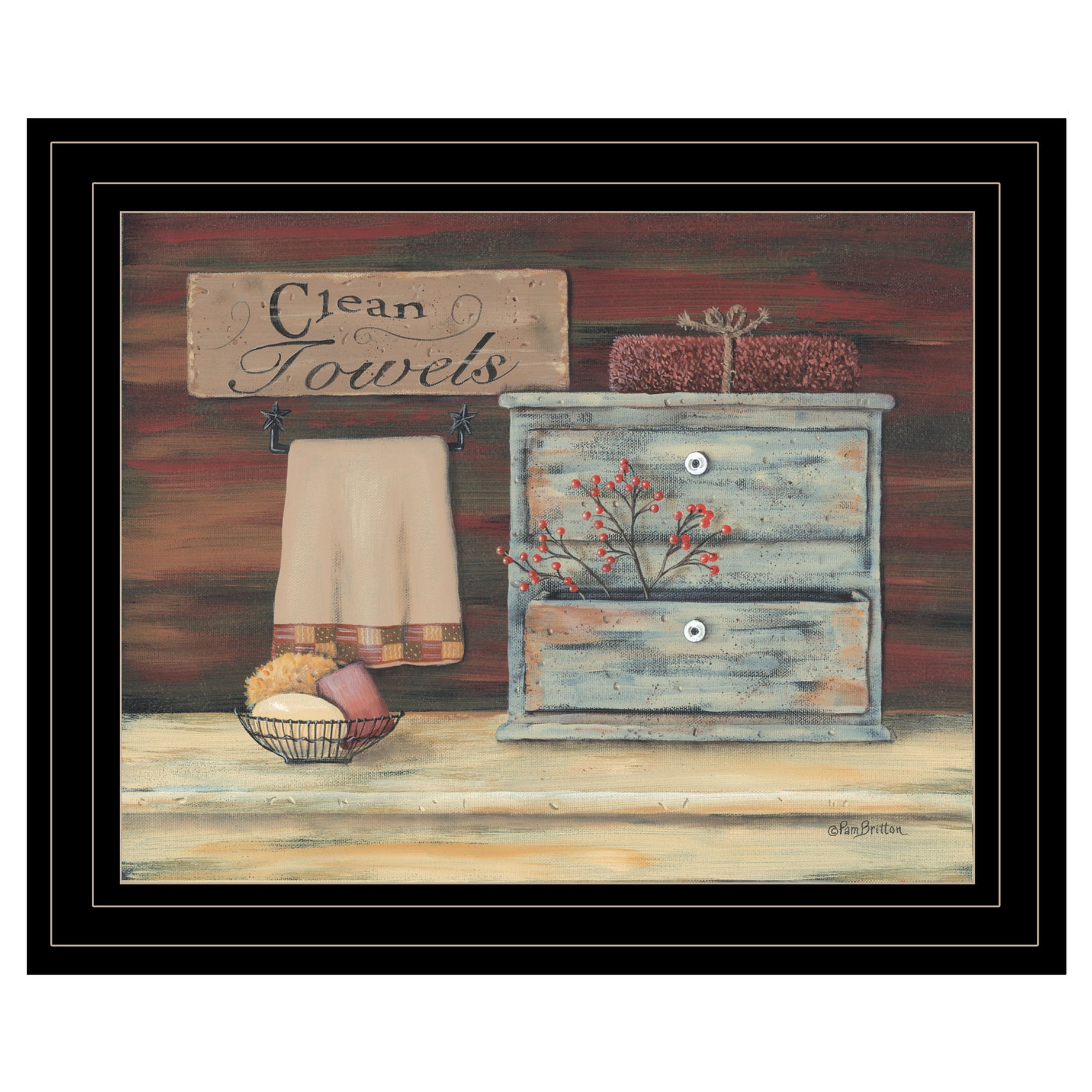 "Clean Towels" By Pam Britton, Ready to Hang Framed Print, Black Frame--1