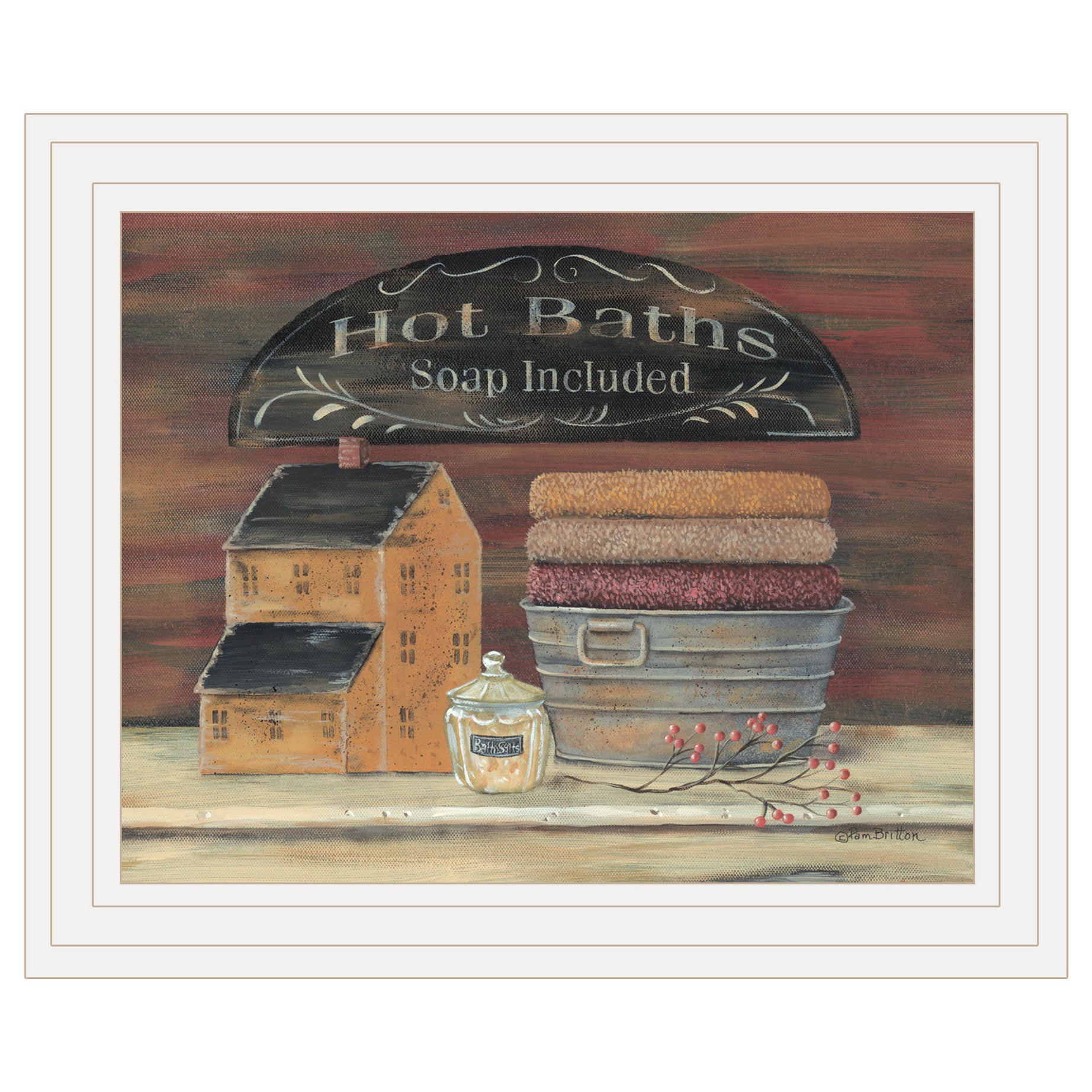 "HOT BATH" by Pam Britton, Ready to Hang Framed print, White Frame--1