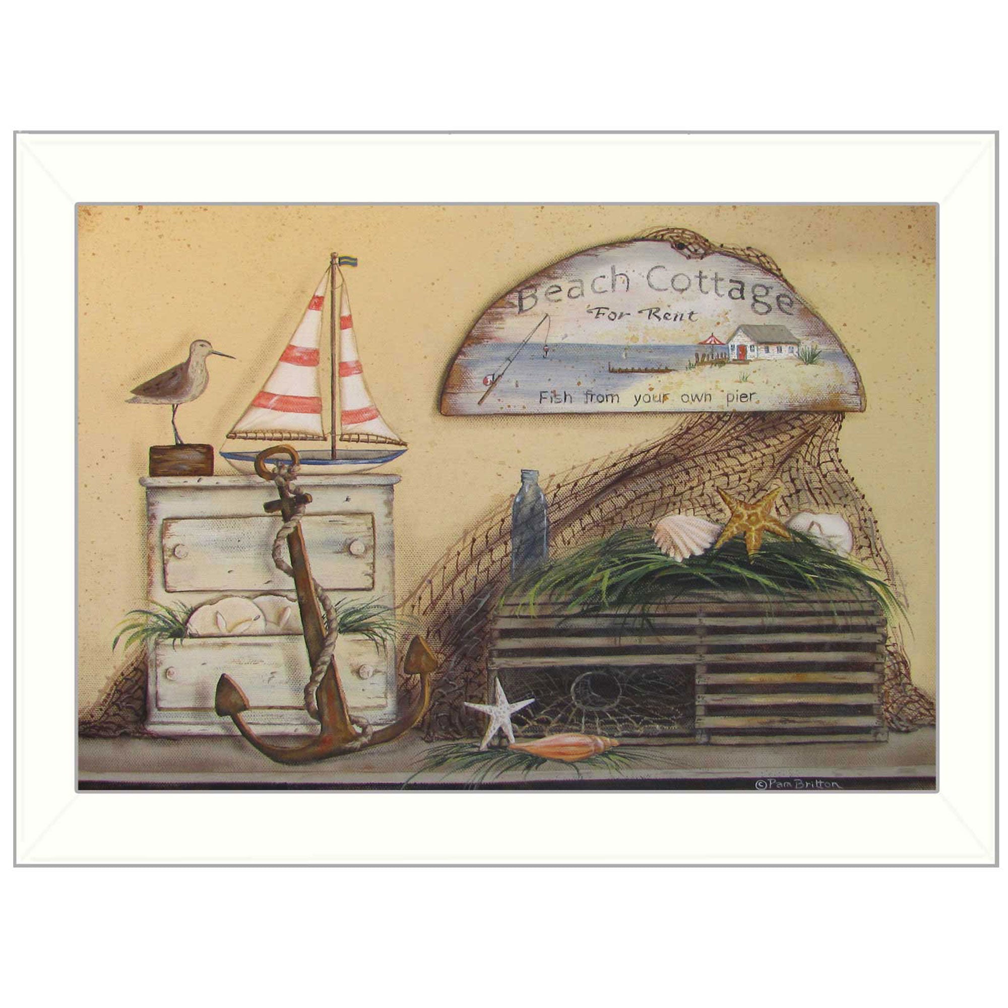 "Beach Cottage" By Pam Britton, Printed Wall Art, Ready To Hang Framed Poster, White Frame--1