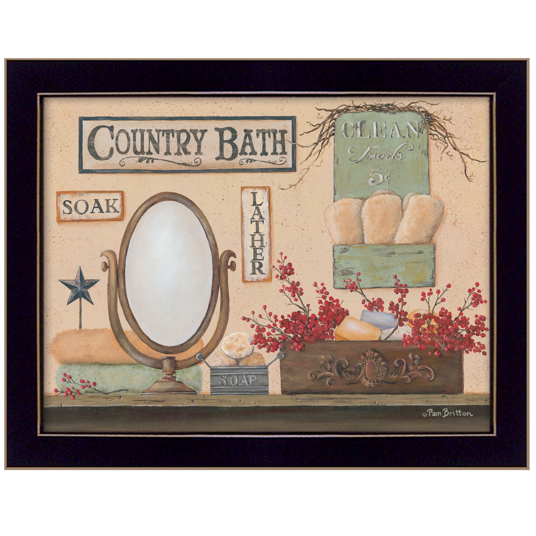 "Country Bath" By Pam Britton, Printed Wall Art, Ready To Hang Framed Poster, Black Frame--1