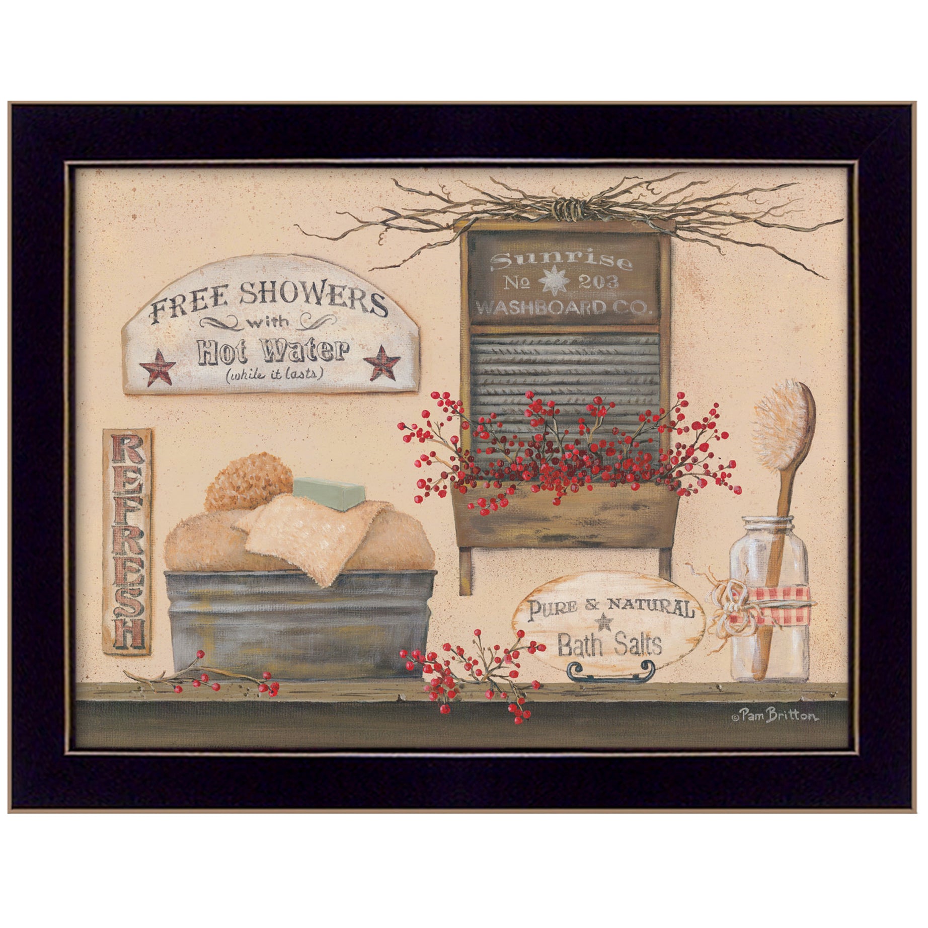 "Free Showers" By Pam Britton, Printed Wall Art, Ready To Hang Framed Poster, Black Frame--1