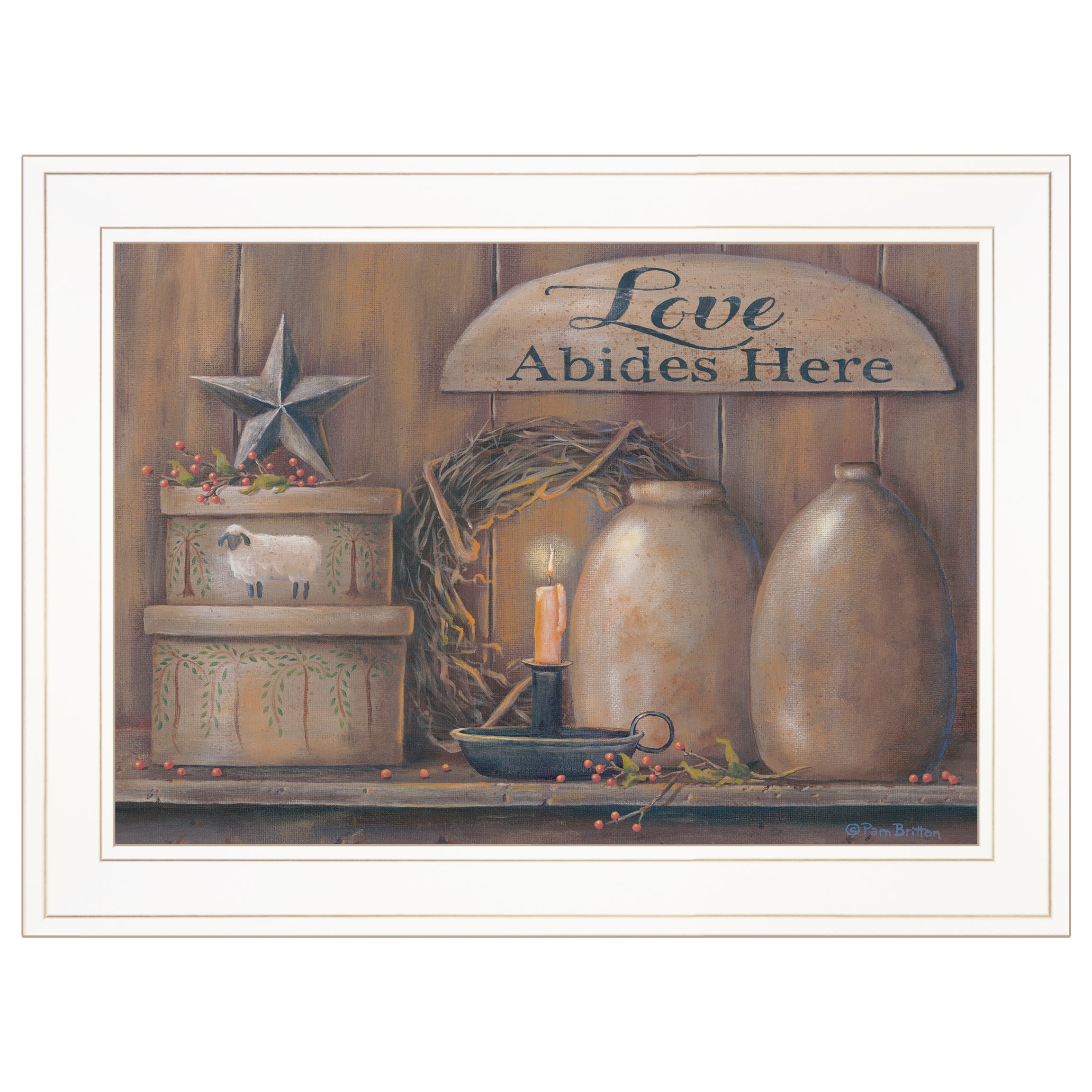 "Love Abides Here Shelf" By Pam Britton, Ready to Hang Framed Print, White Frame--1