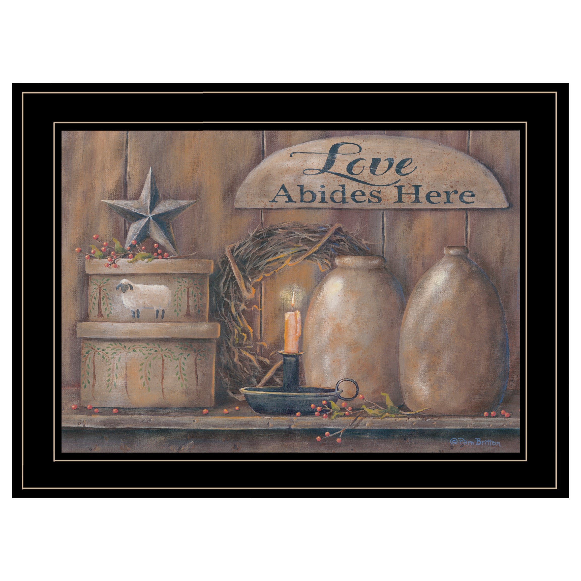 "Love Abides Here Shelf" By Pam Britton, Ready to Hang Framed Print, Black Frame--1