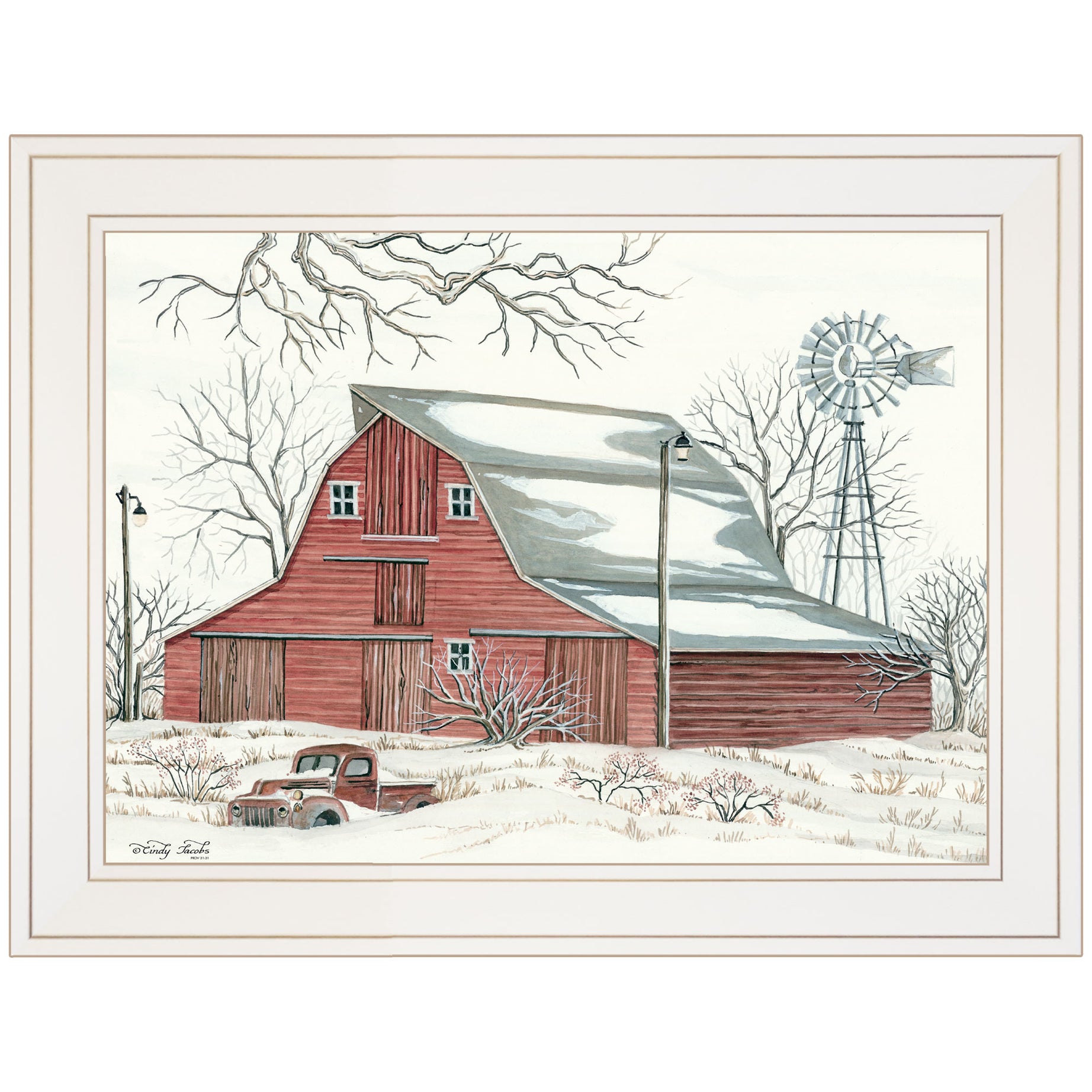 "Winter Barn with Pickup Truck" by Cindy Jacobs, Ready to Hang Framed Print, White Frame--1