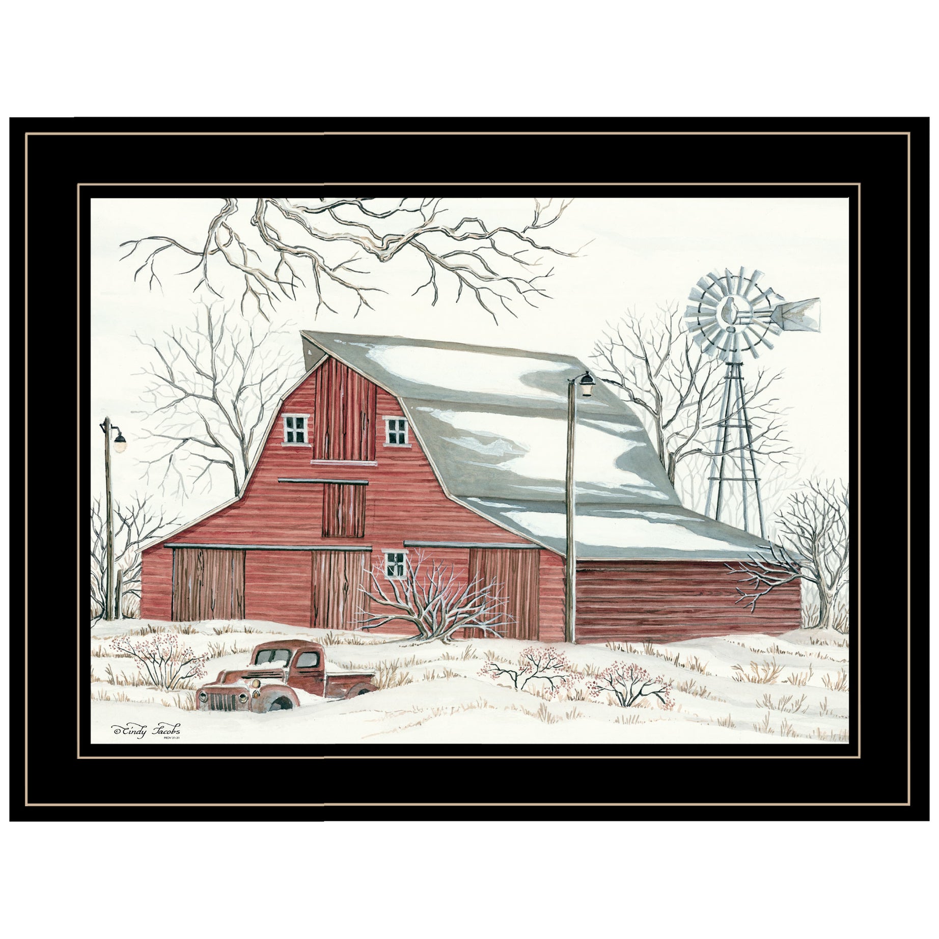 "Winter Barn with Pickup Truck" by Cindy Jacobs, Ready to Hang Framed Print, Black Frame--1