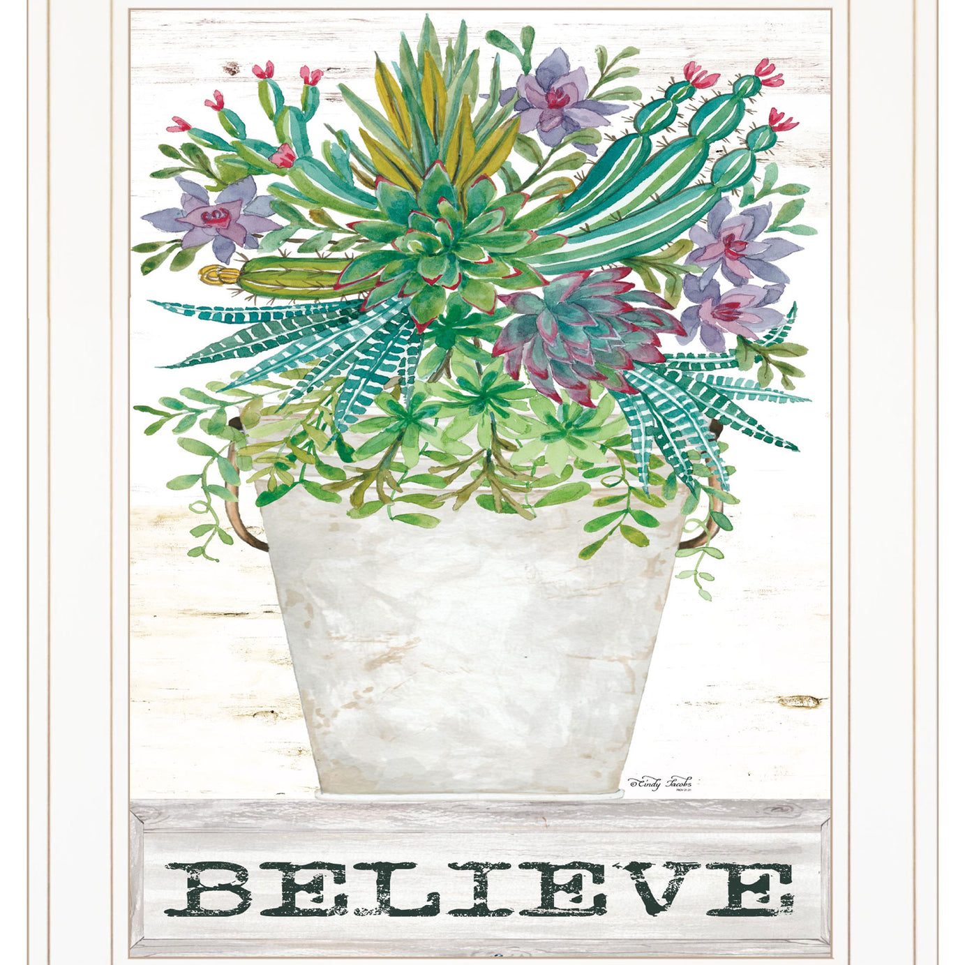 "Believe Succulents" by Cindy Jacobs, Ready to Hang Framed Print, White Frame--1