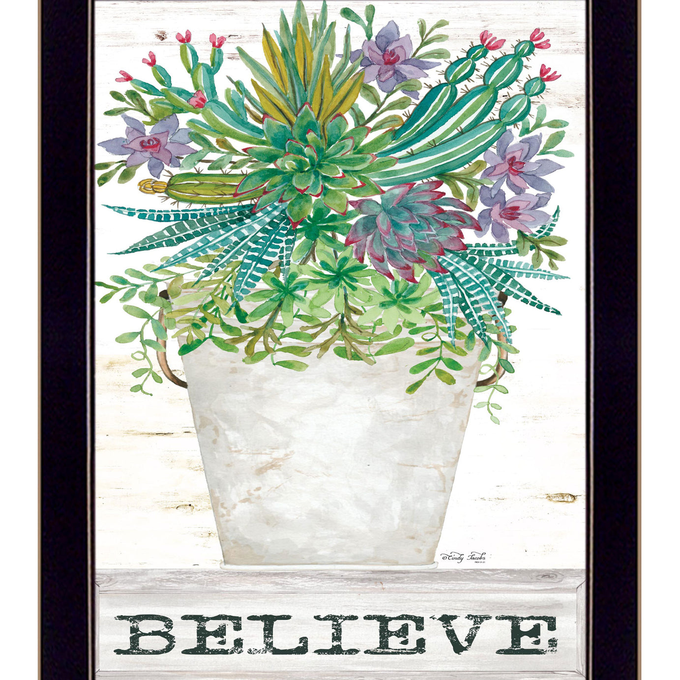 "Believe Succulents" by Cindy Jacobs, Ready to Hang Framed Print, Black Frame--1