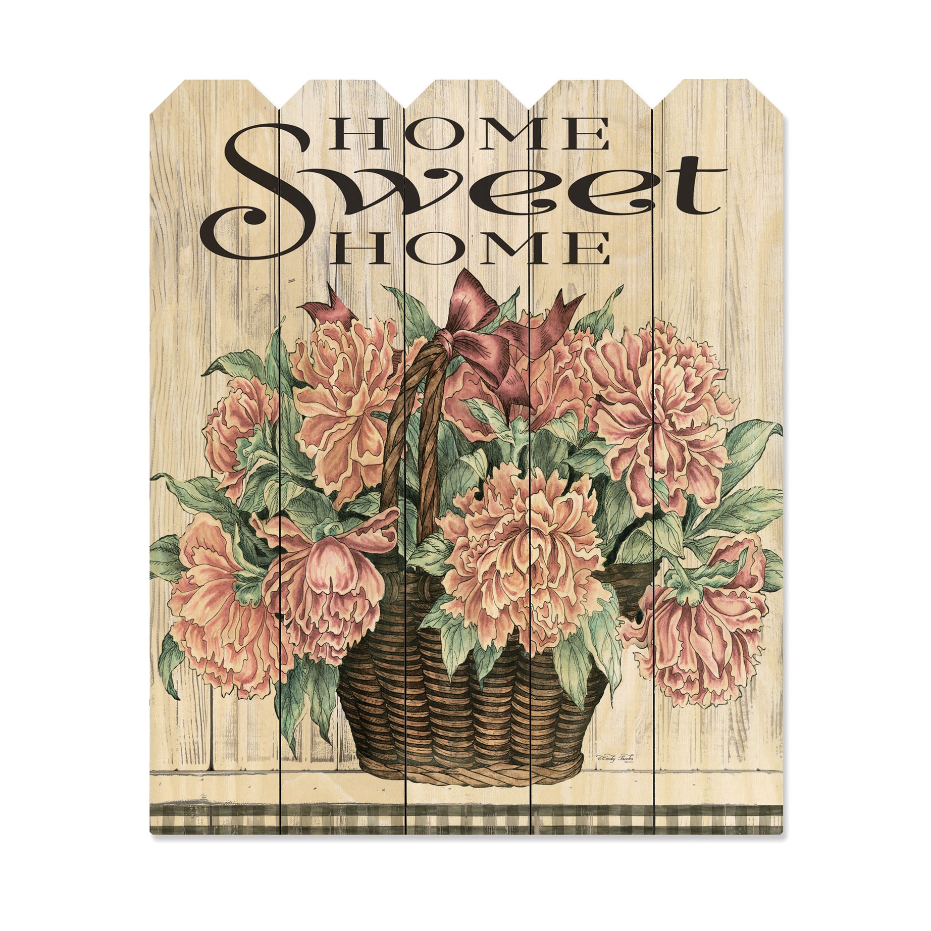 "Home Sweet Home Peonies" By Artisan Cindy Jacobs, Printed on Wooden Picket Fence Wall Art--1