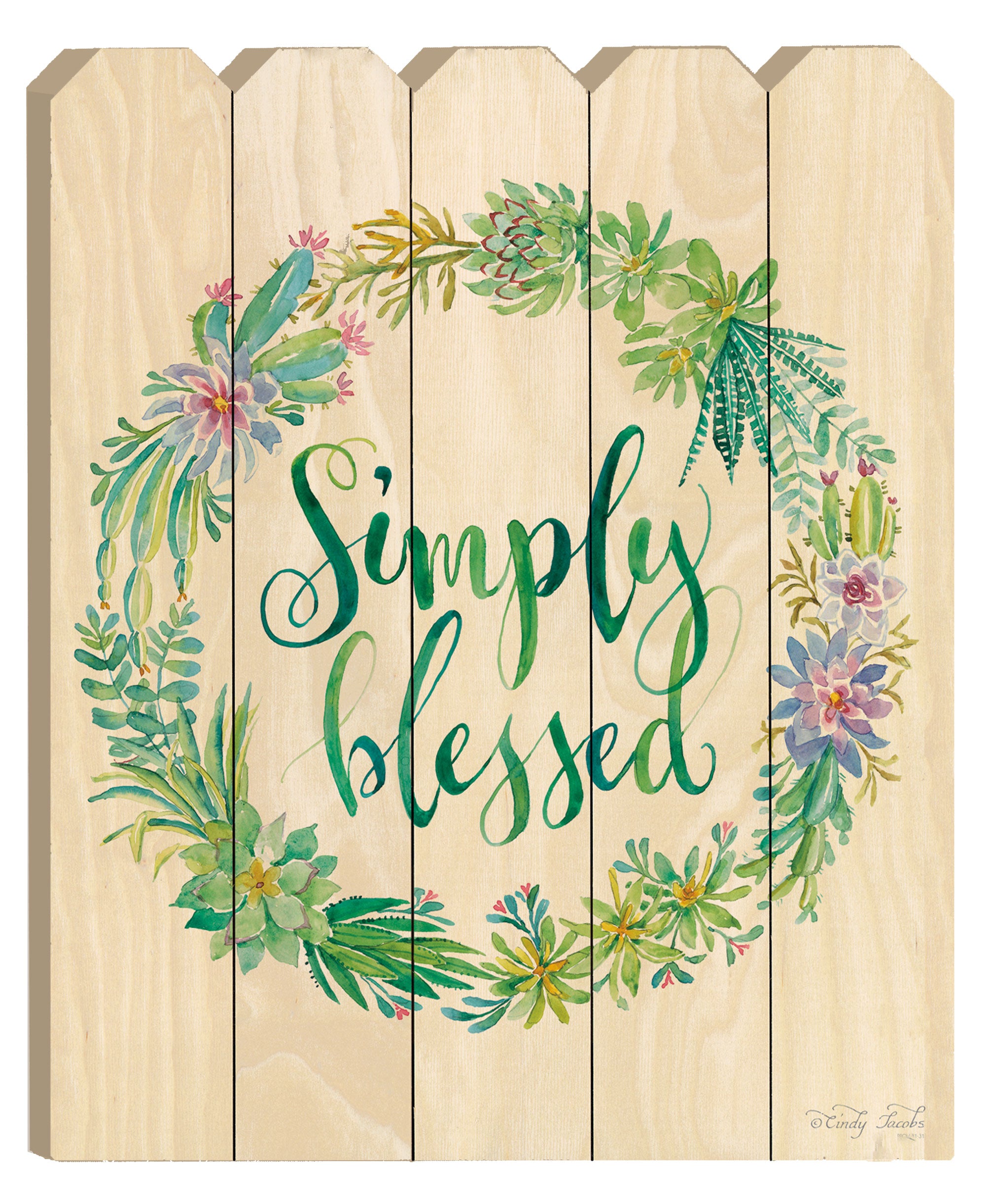 "Simply Blessed" By Artisan Cindy Jacobs, Printed on Wooden Picket Fence Wall Art--1