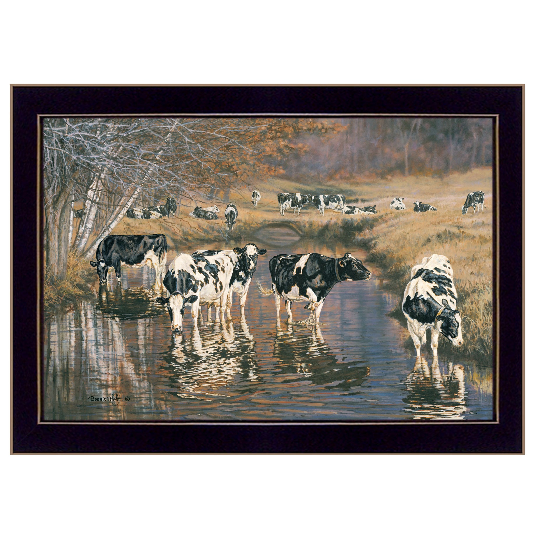 "Fall Reflections (Holsteins in River)" by Bonnie Mohr, Ready to Hang Framed Print, Black Frame--1