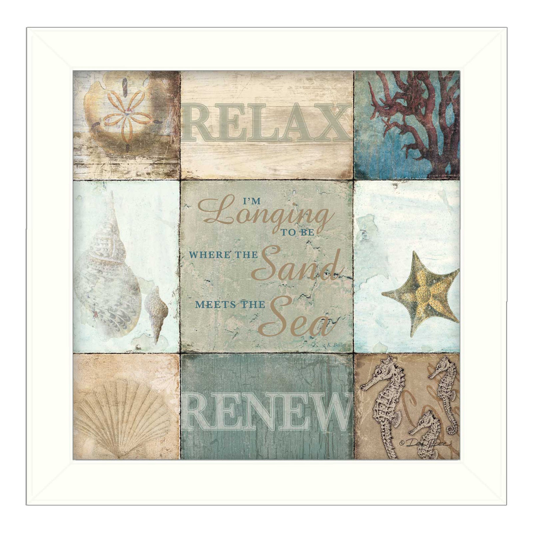 "Sand and Sea" By Dee Dee, Printed Wall Art, Ready To Hang Framed Poster, White Frame--1