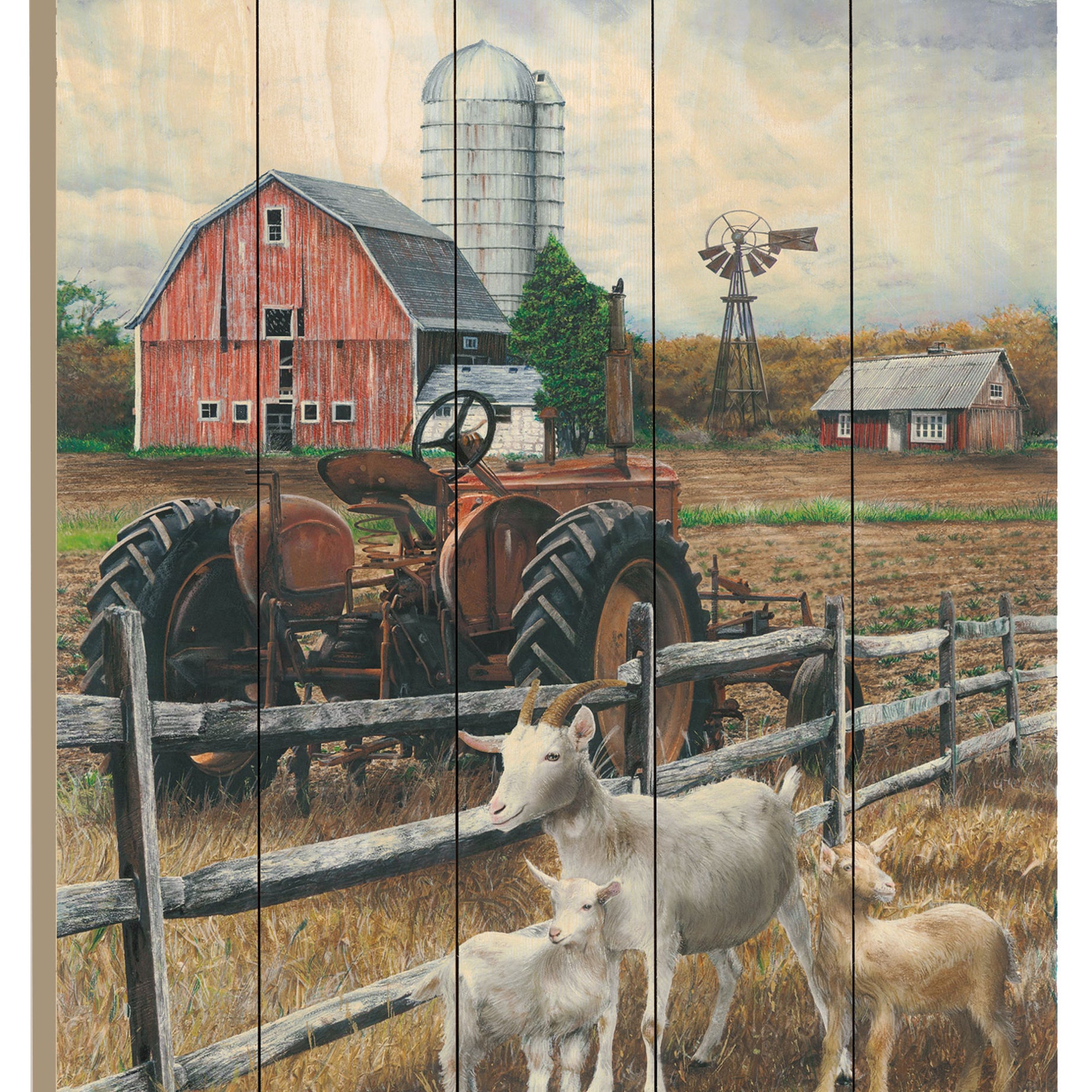 "The Old Tractor" By Artisan Ed Wargo, Printed on Wooden Picket Fence Wall Art--1