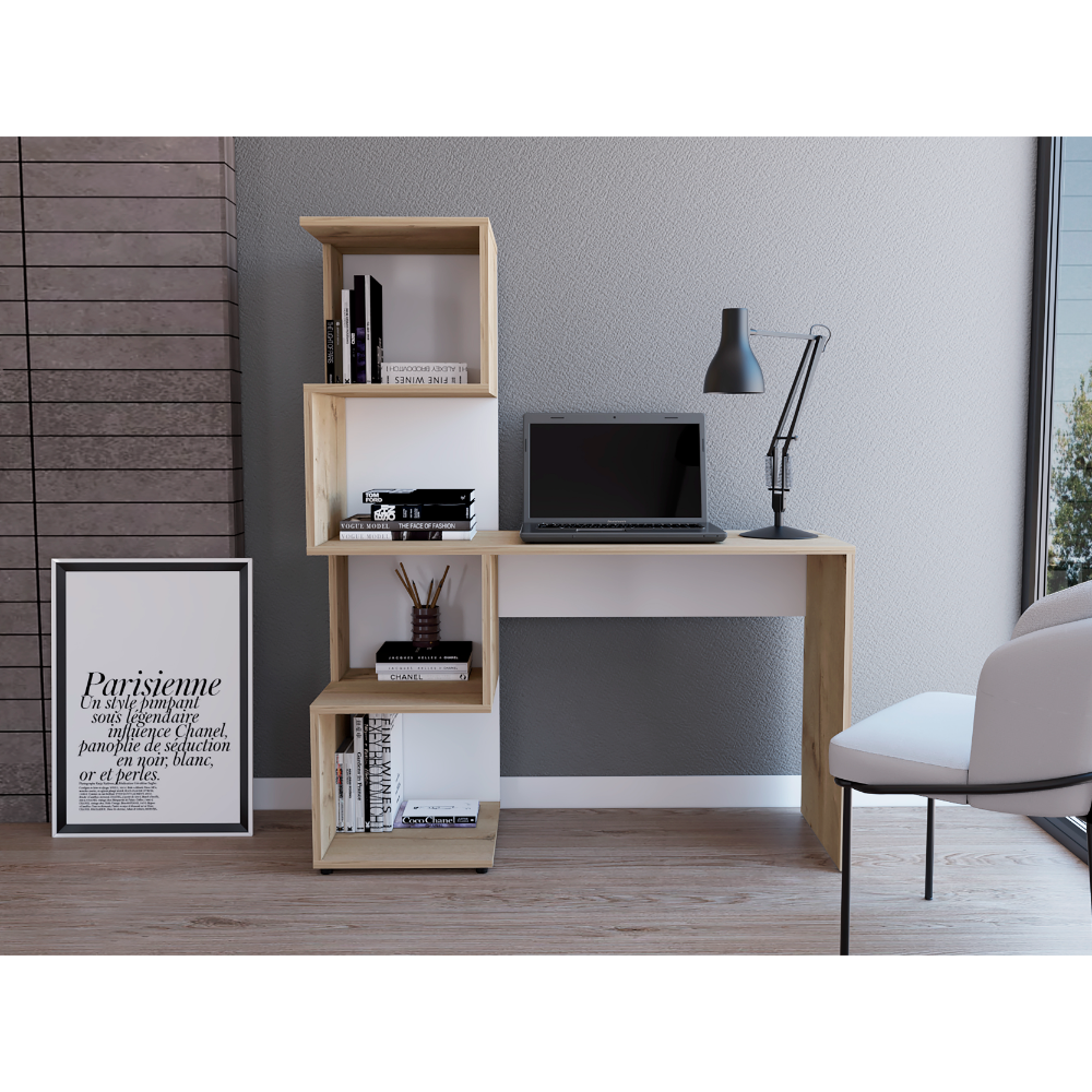 Delhi Desk with Bookcase and 4 Storage Shelves, Light Oak / White--1