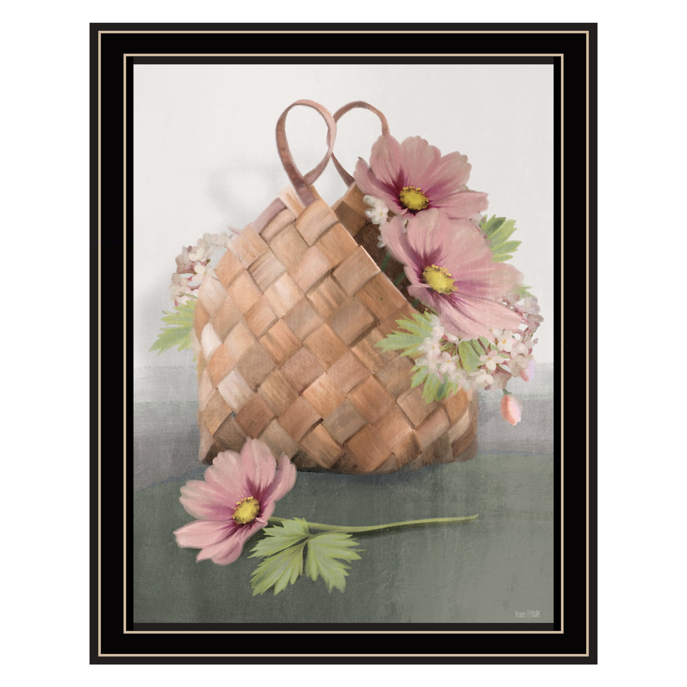 "Farmhouse Daisy Basket" by House Fenway, Ready to Hang Framed Print, Black Frame--1