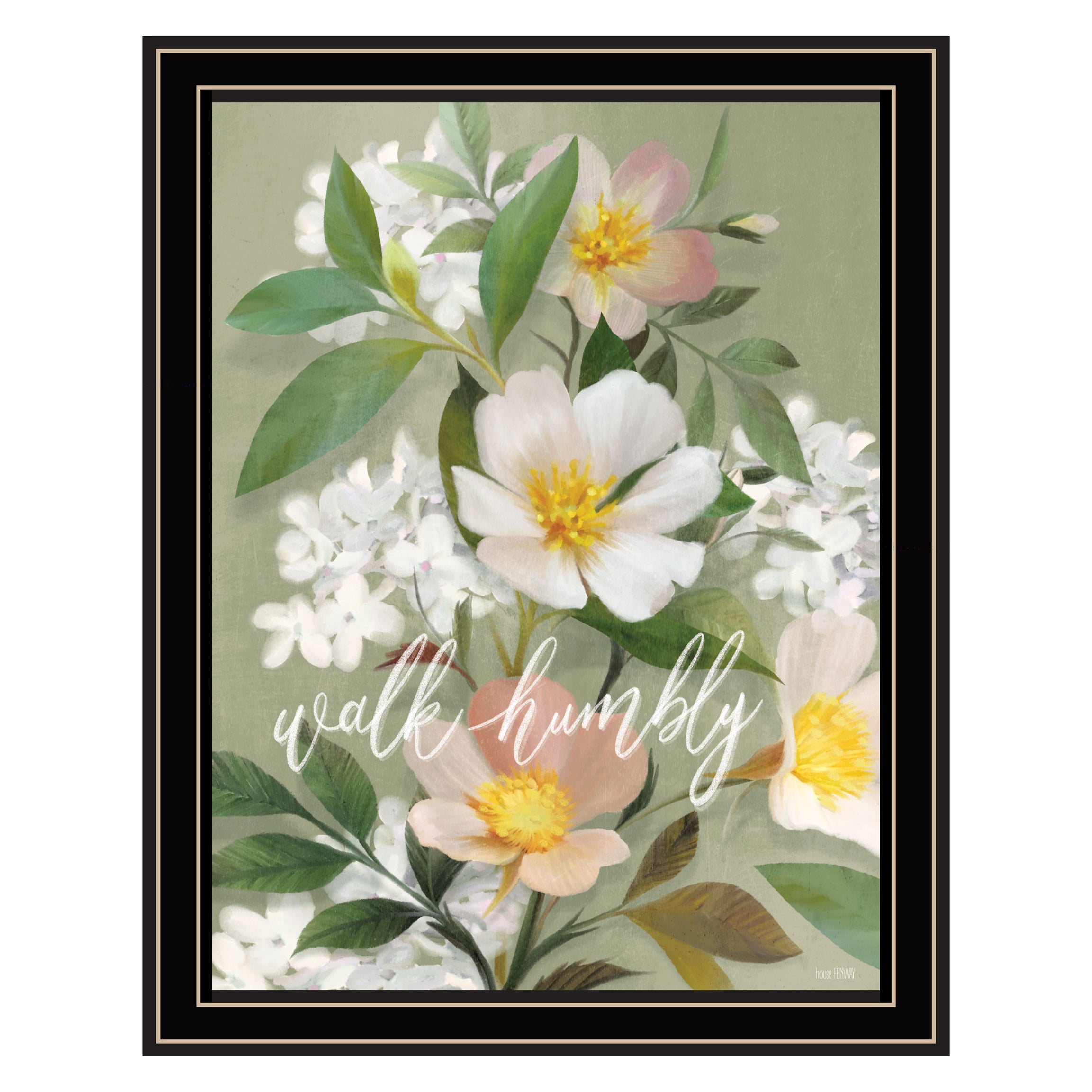 "Walk Humbly Floral" by House Fenway, Ready to Hang Framed Print, Black Frame--1