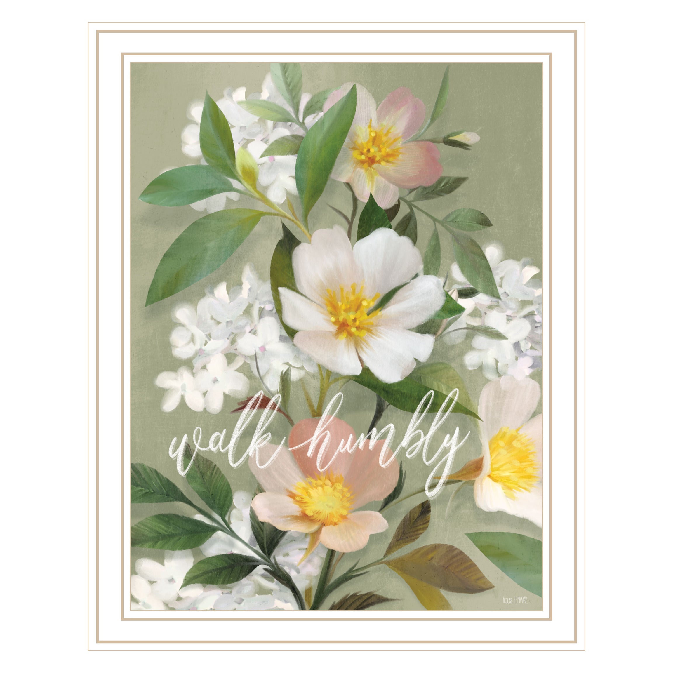 "Walk Humbly Floral" by House Fenway, Ready to Hang Framed Print, White Frame--1