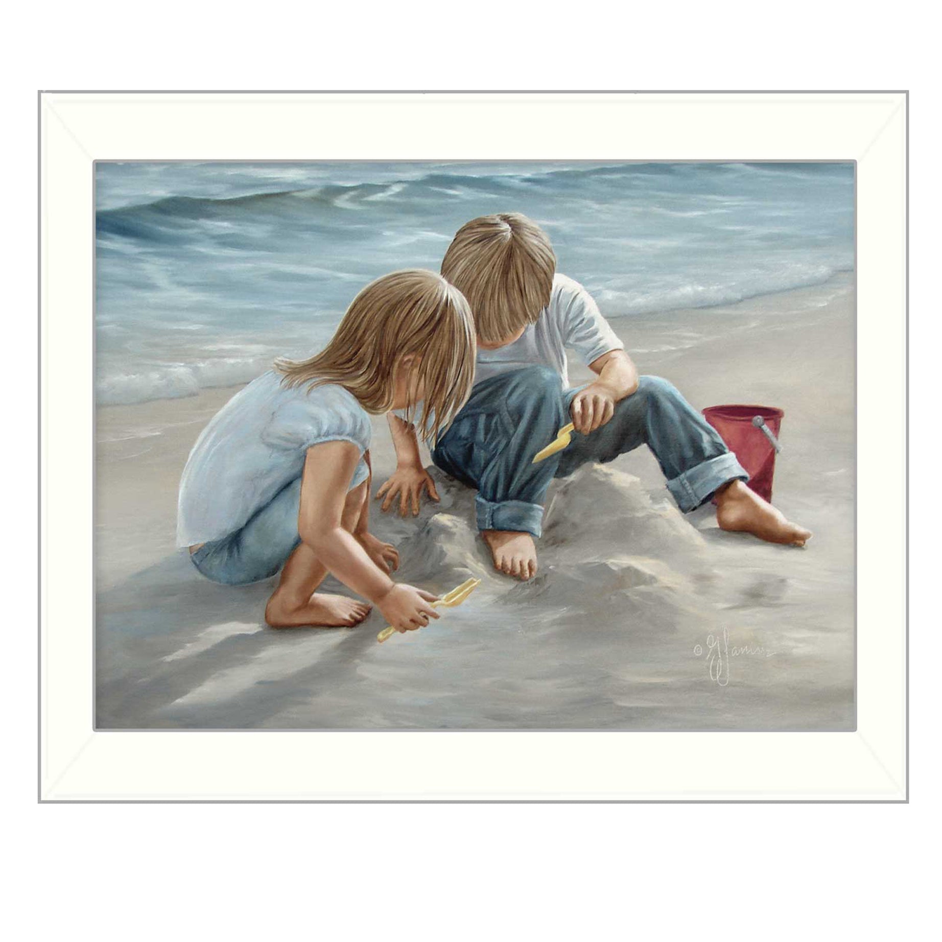 "Sand Castle Builders" By Georgia Janisse, Printed Wall Art, Ready To Hang Framed Poster, White Frame--1