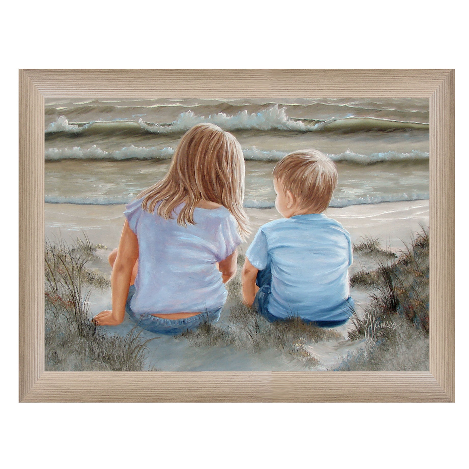 "Boy and Girl Sitting in Dunes" by Artisan Georgia Janisse, Ready to Hang Framed Print, Brown Frame--1