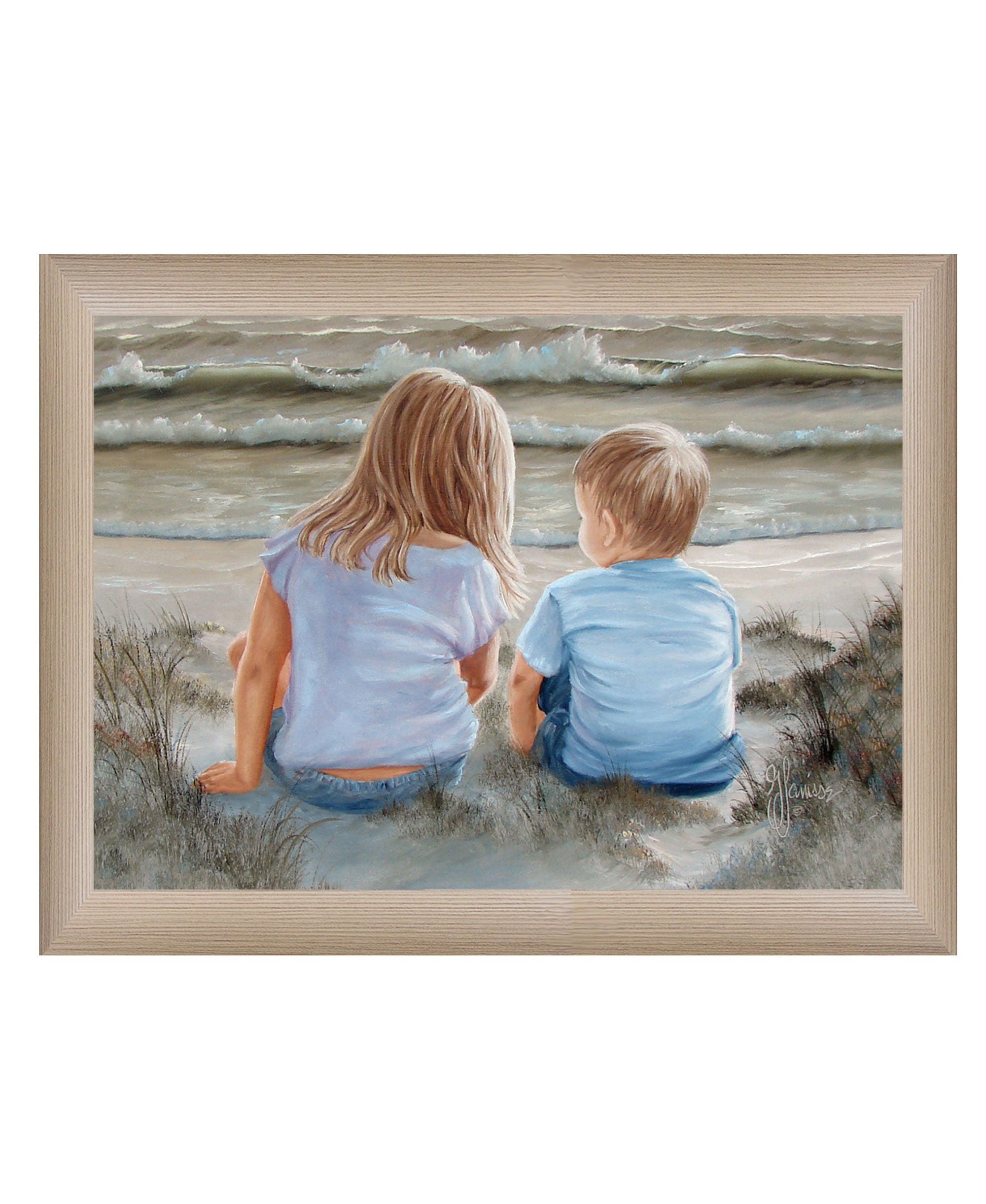 "Boy and Girl Sitting in Dunes" by Artisan Georgia Janisse, Ready to Hang Framed Print, Brown Frame--1