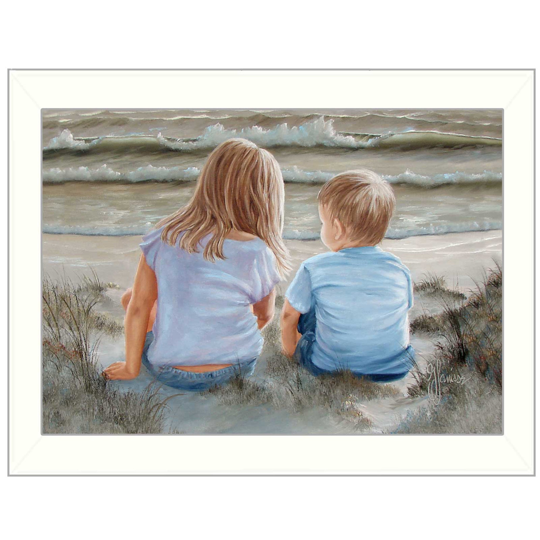 "Boy and Girl Sitting" By Georgia Janisse, Printed Wall Art, Ready To Hang Framed Poster, White Frame--1