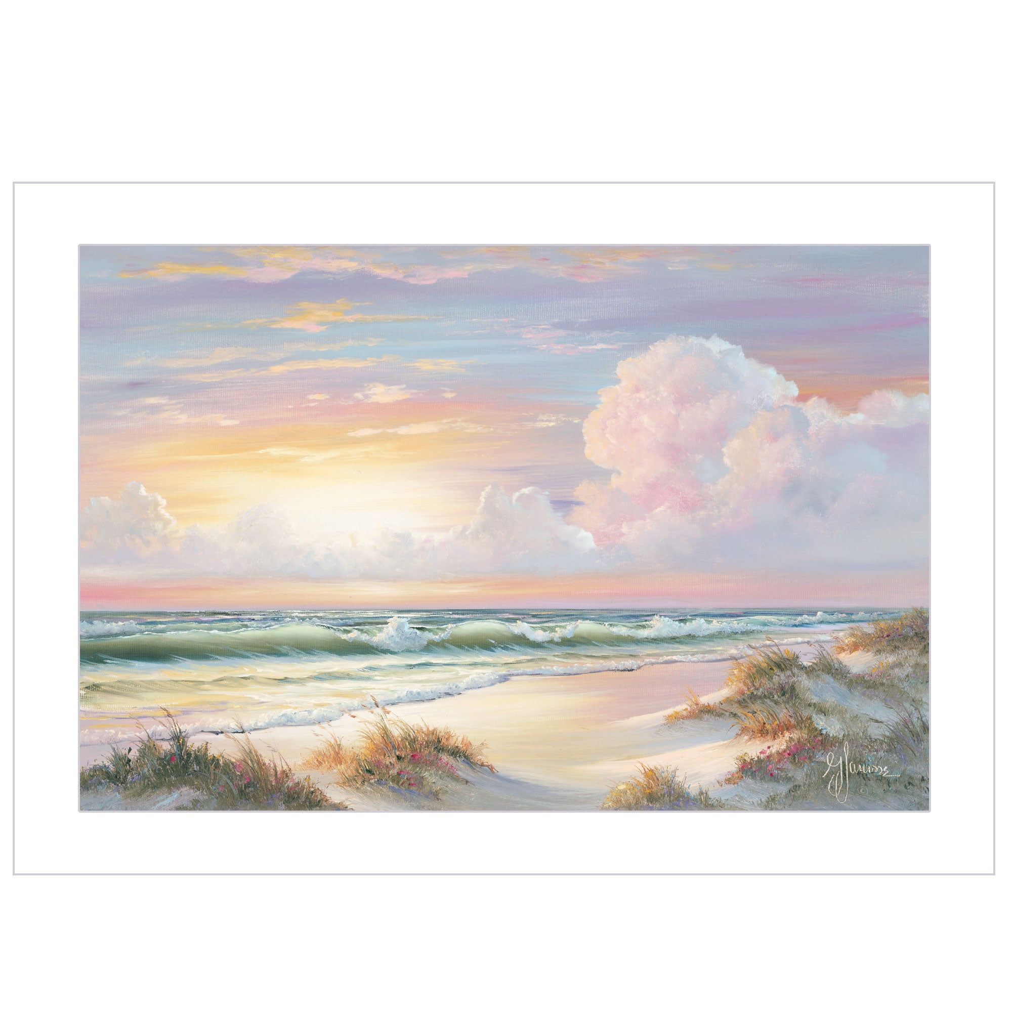 "Golden Sunset on Crystal Cove" by Artisan Georgia Janisse, Ready to Hang Framed Print, White Frame--1