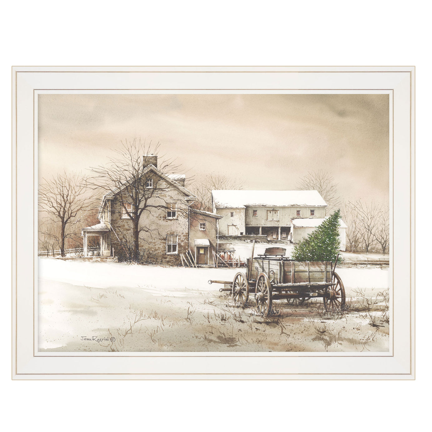 "Bringing Home the Tree" by Artisan John Rossini, Ready to Hang Framed Print, White Frame--1