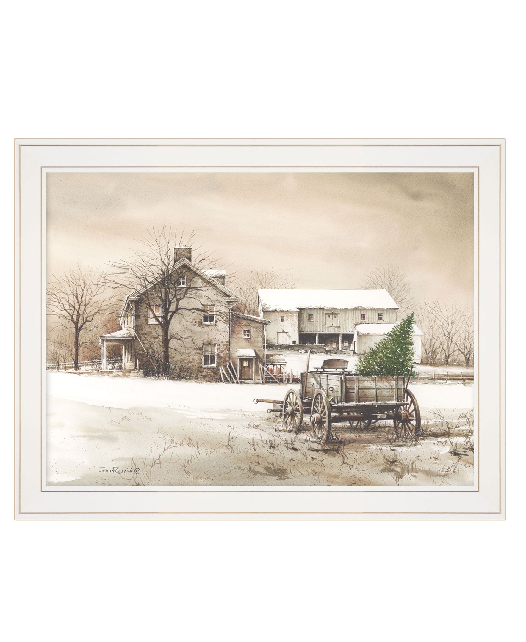 "Bringing Home the Tree" by Artisan John Rossini, Ready to Hang Framed Print, White Frame--1